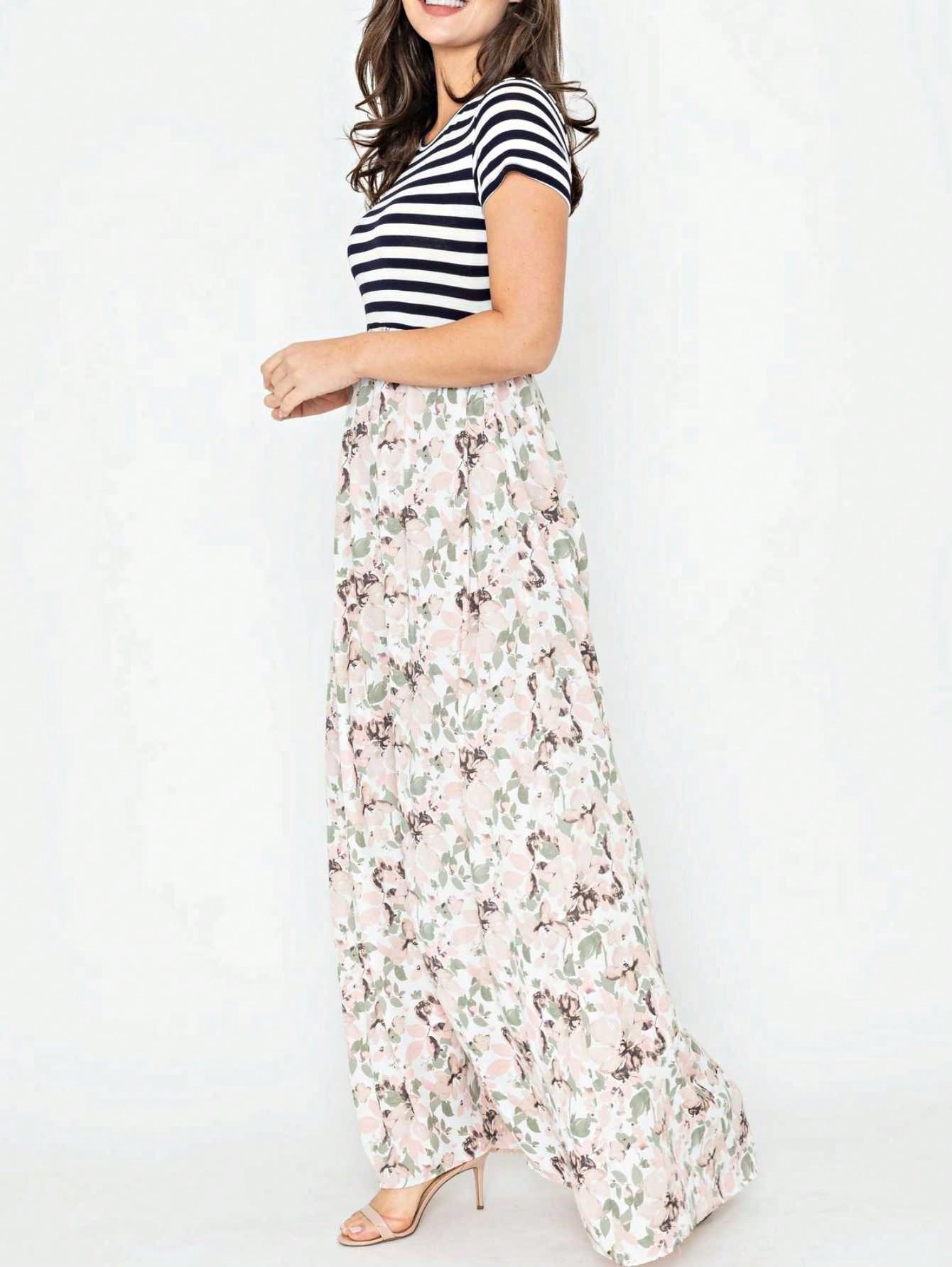 Halter Sleeveless Ditsy Floral Vacation Cruise Multi Chevron Stripe Yellow, Navy And Mint Sleeveless Maxi Dress With Pocket | S-3X