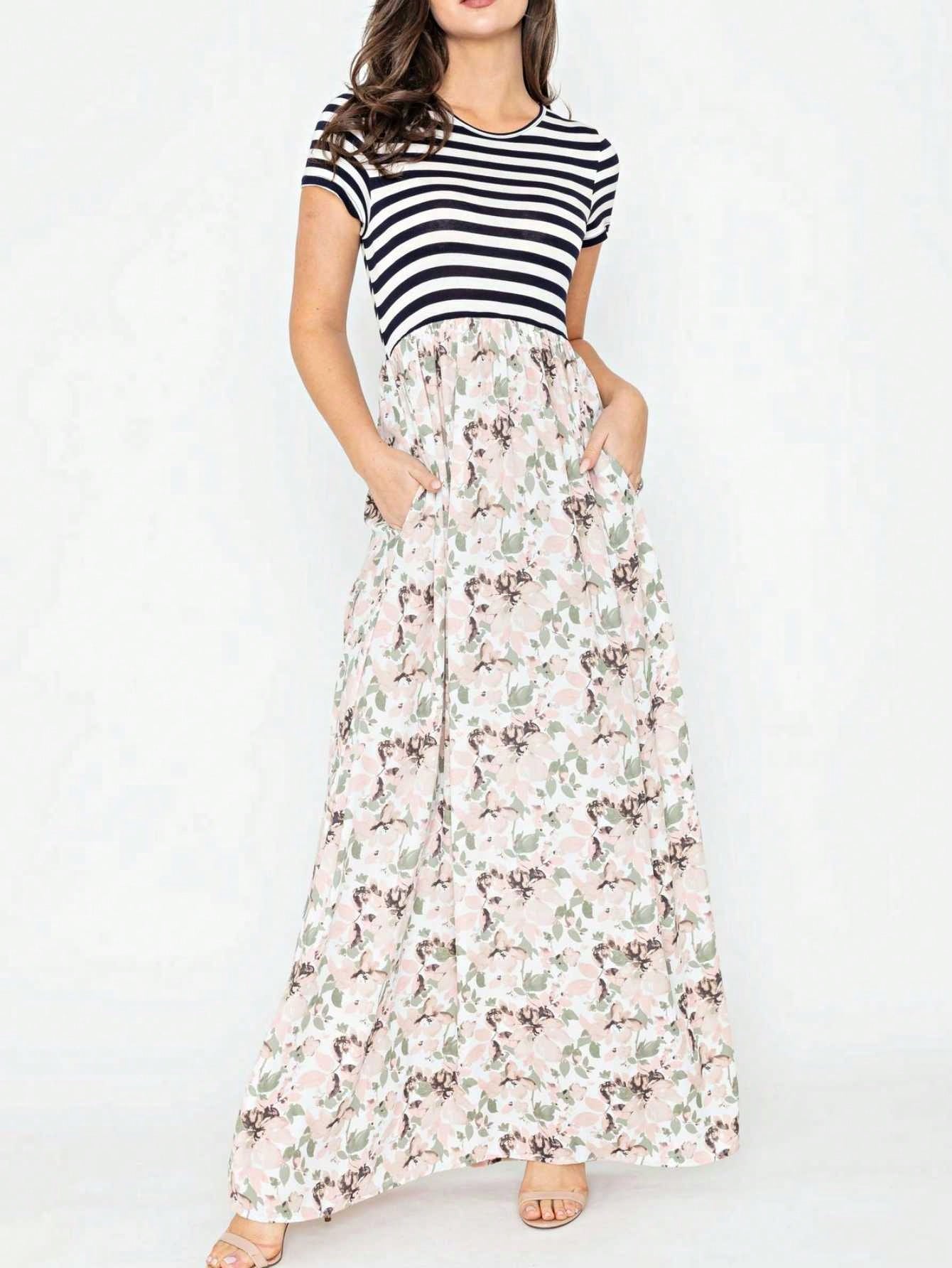 Halter Sleeveless Ditsy Floral Vacation Cruise Multi Chevron Stripe Yellow, Navy And Mint Sleeveless Maxi Dress With Pocket | S-3X