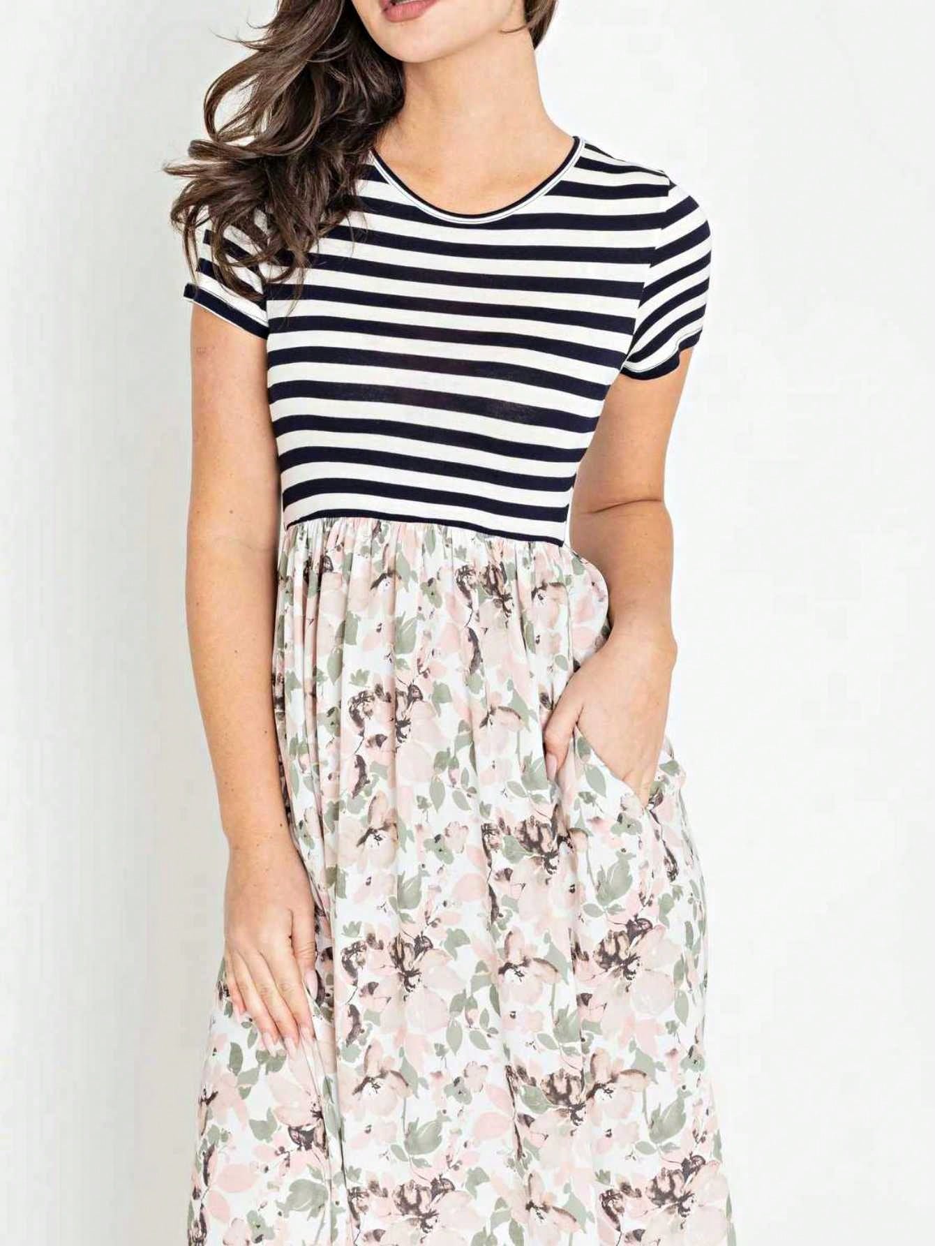 Halter Sleeveless Ditsy Floral Vacation Cruise Multi Chevron Stripe Yellow, Navy And Mint Sleeveless Maxi Dress With Pocket | S-3X