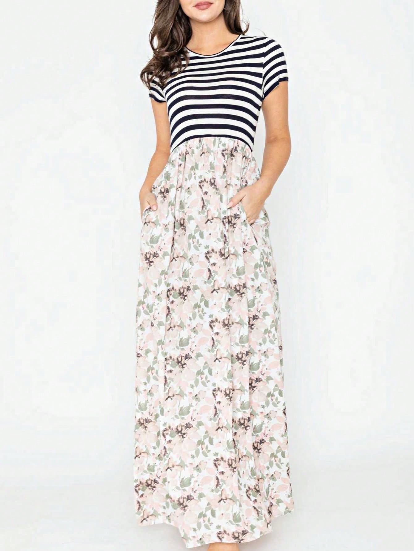 Halter Sleeveless Ditsy Floral Vacation Cruise Multi Chevron Stripe Yellow, Navy And Mint Sleeveless Maxi Dress With Pocket | S-3X