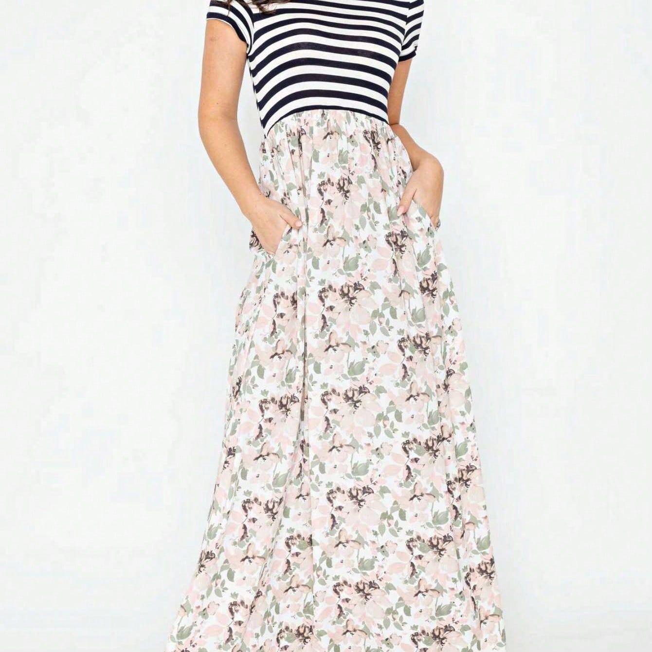 Halter Sleeveless Ditsy Floral Vacation Cruise Multi Chevron Stripe Yellow, Navy And Mint Sleeveless Maxi Dress With Pocket | S-3X