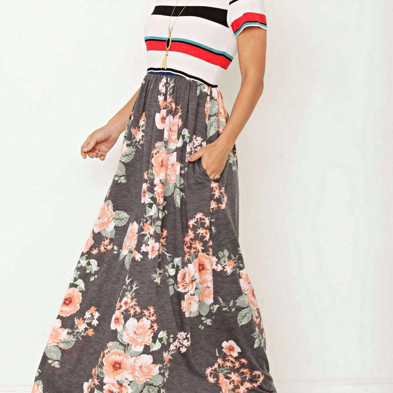 Halter Sleeveless Ditsy Floral Vacation Cruise Multi Chevron Stripe Yellow, Navy And Mint Sleeveless Maxi Dress With Pocket | S-3X