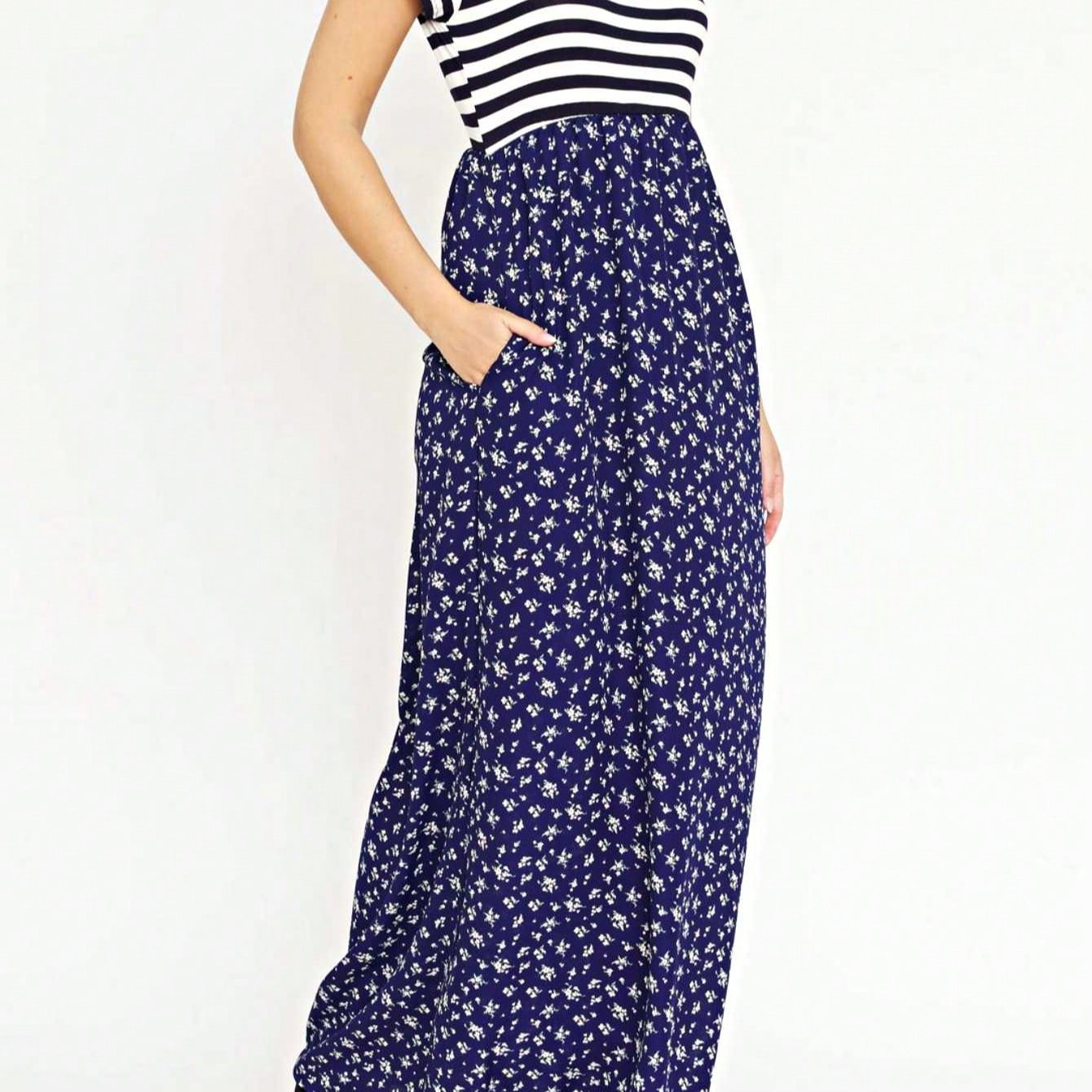 Halter Sleeveless Ditsy Floral Vacation Cruise Multi Chevron Stripe Yellow, Navy And Mint Sleeveless Maxi Dress With Pocket | S-3X