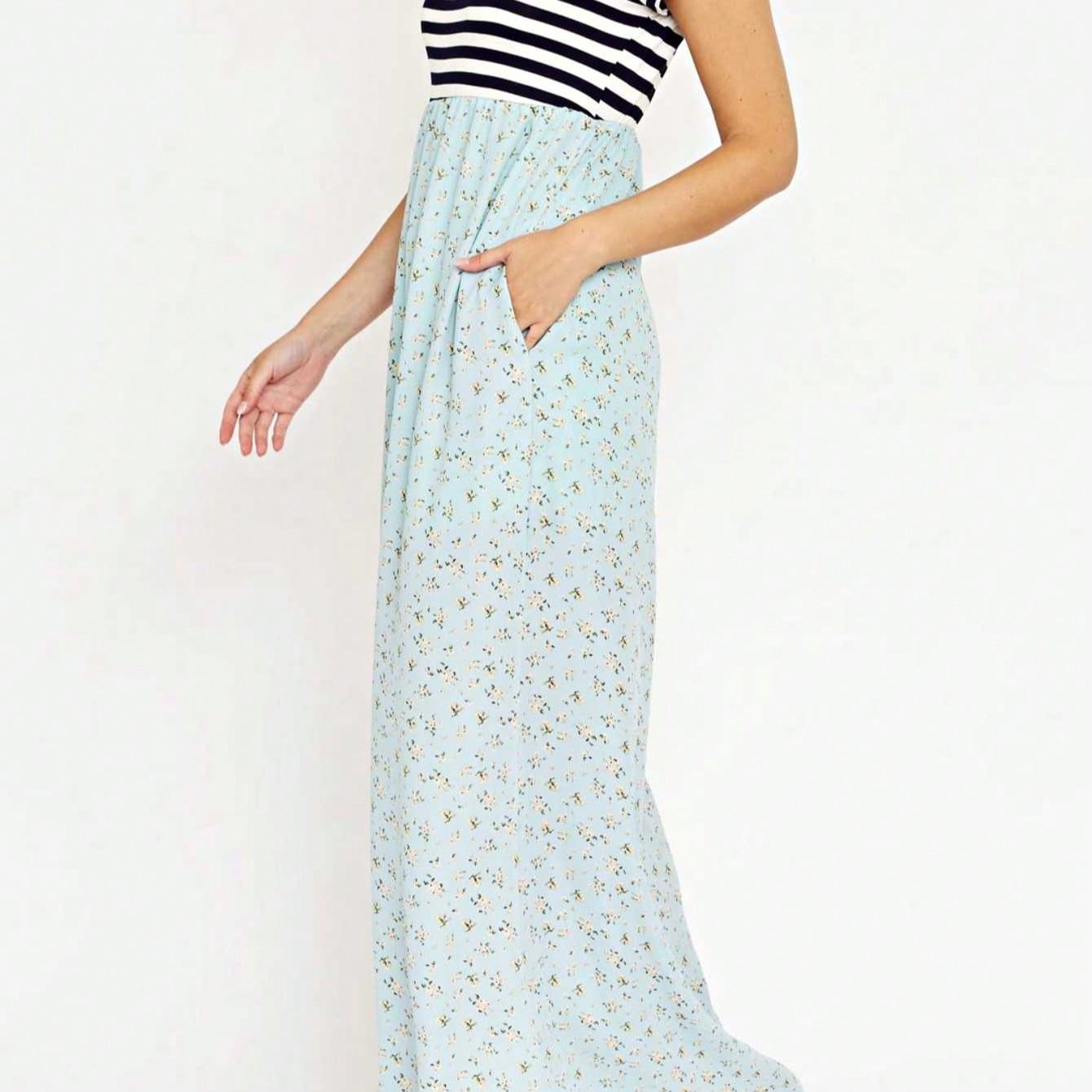 Halter Sleeveless Ditsy Floral Vacation Cruise Multi Chevron Stripe Yellow, Navy And Mint Sleeveless Maxi Dress With Pocket | S-3X