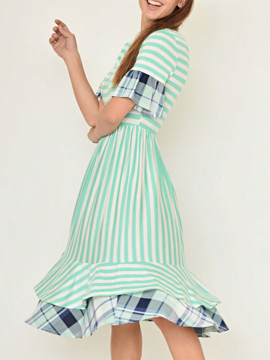 Boho Vintage Royal Blue Coral Pink Yellow Stripe  Tiered Ruffle Trim Midi  Swing Southern Dress | S-3X