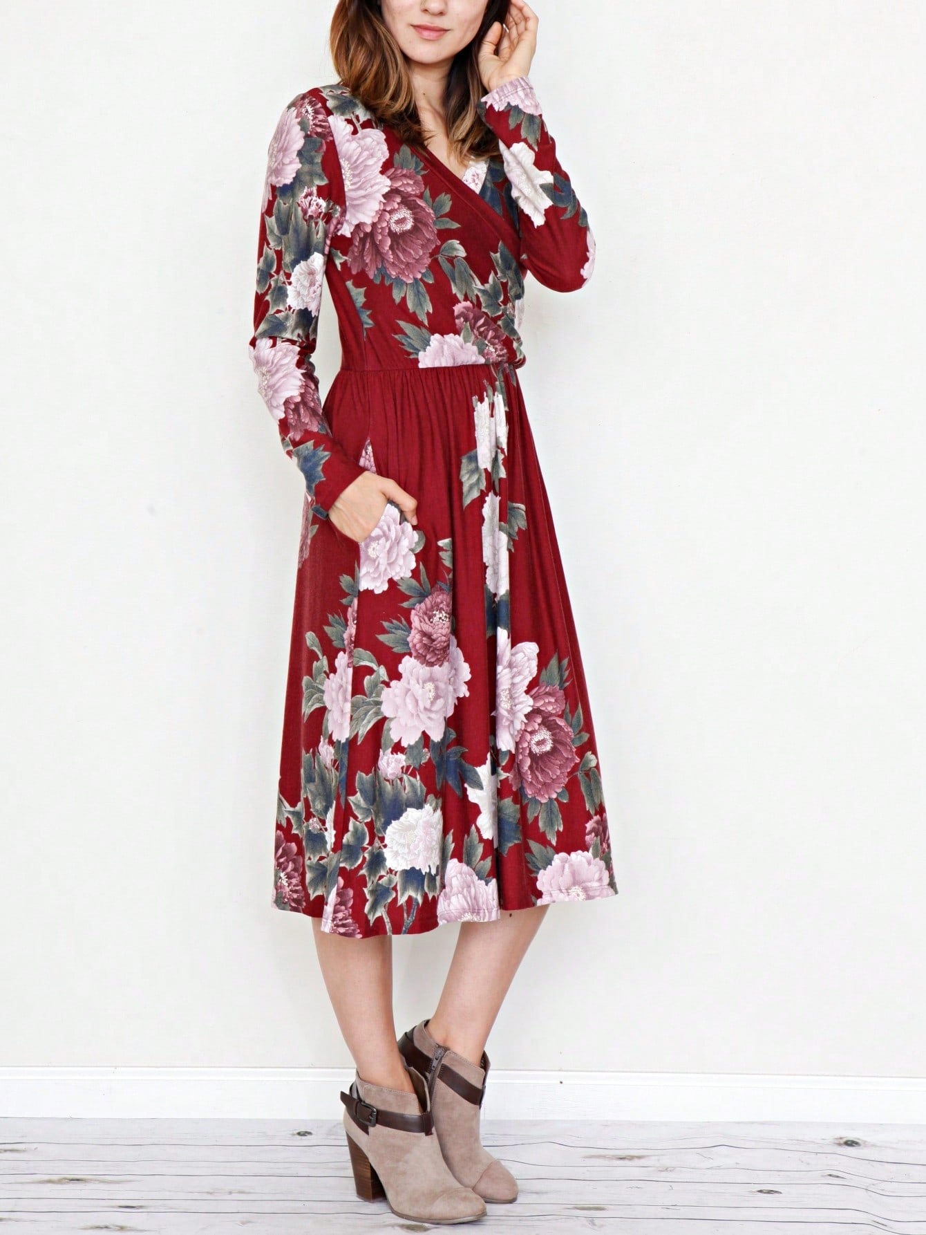 Boho Retro Sage Navy Pink Black Ditsy Floral Surplice Deep V Neck Band Waist Shirring Soft Swing Dress Small To 3 XL Plus