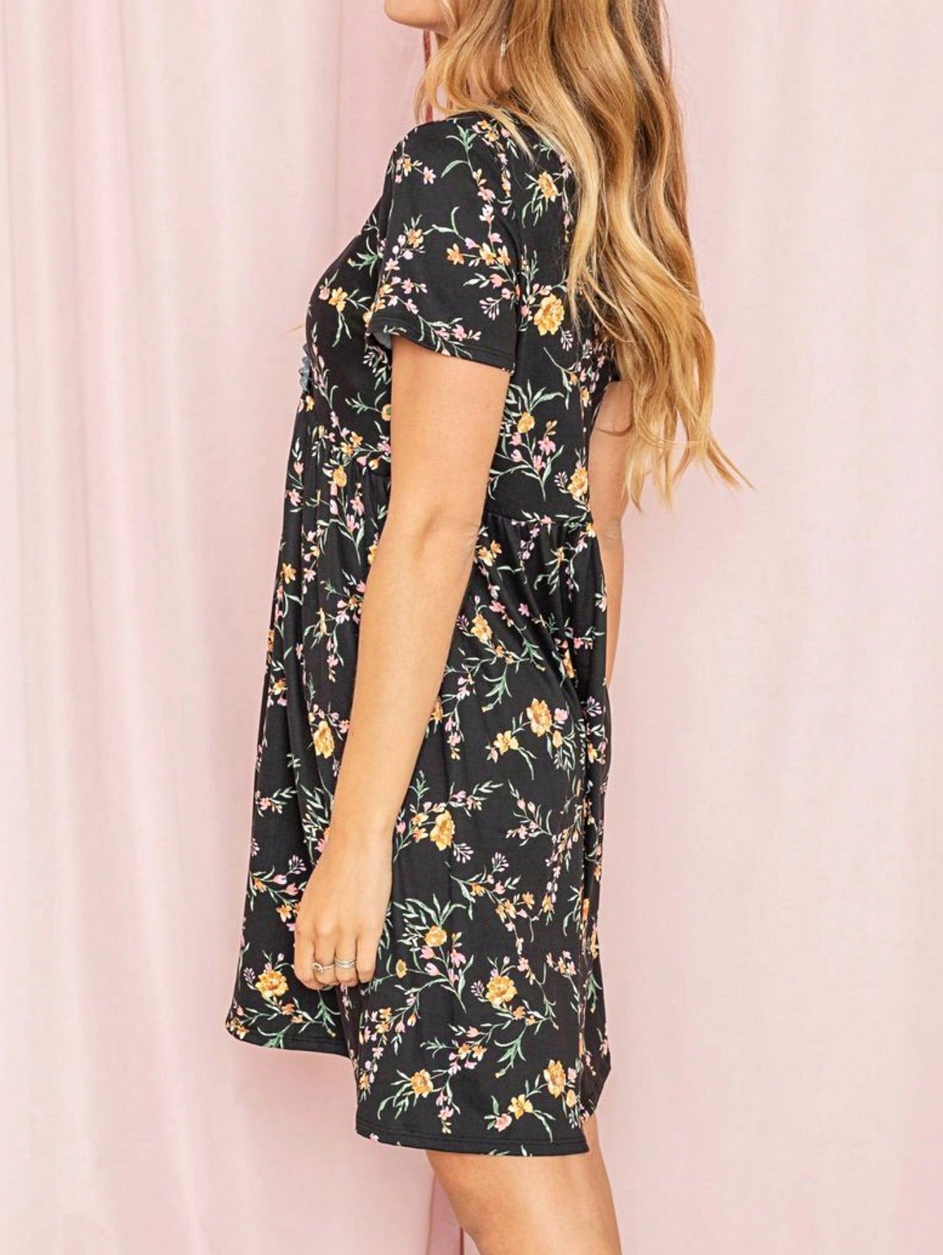 Boho Retro Sage Navy Pink Black Ditsy Floral Surplice Deep V Neck Band Waist Shirring Soft Swing Dress Small To 3 XL Plus