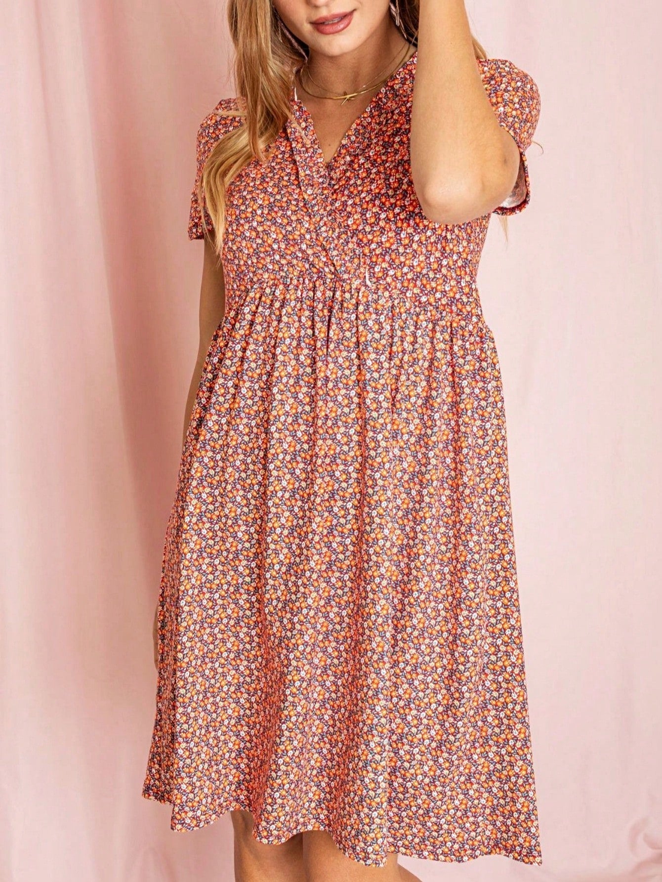 Boho Retro Sage Navy Pink Black Ditsy Floral Surplice Deep V Neck Band Waist Shirring Soft Swing Dress Small To 3 XL Plus