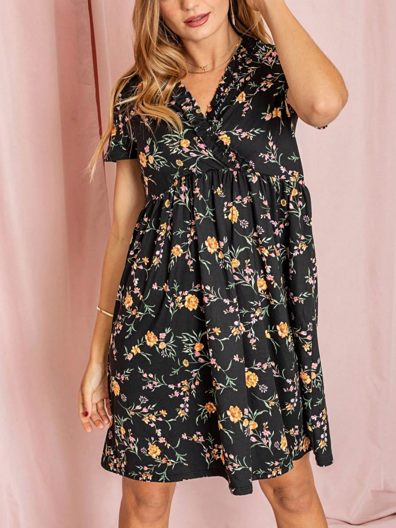 Boho Retro Sage Navy Pink Black Ditsy Floral Surplice Deep V Neck Band Waist Shirring Soft Swing Dress Small To 3 XL Plus