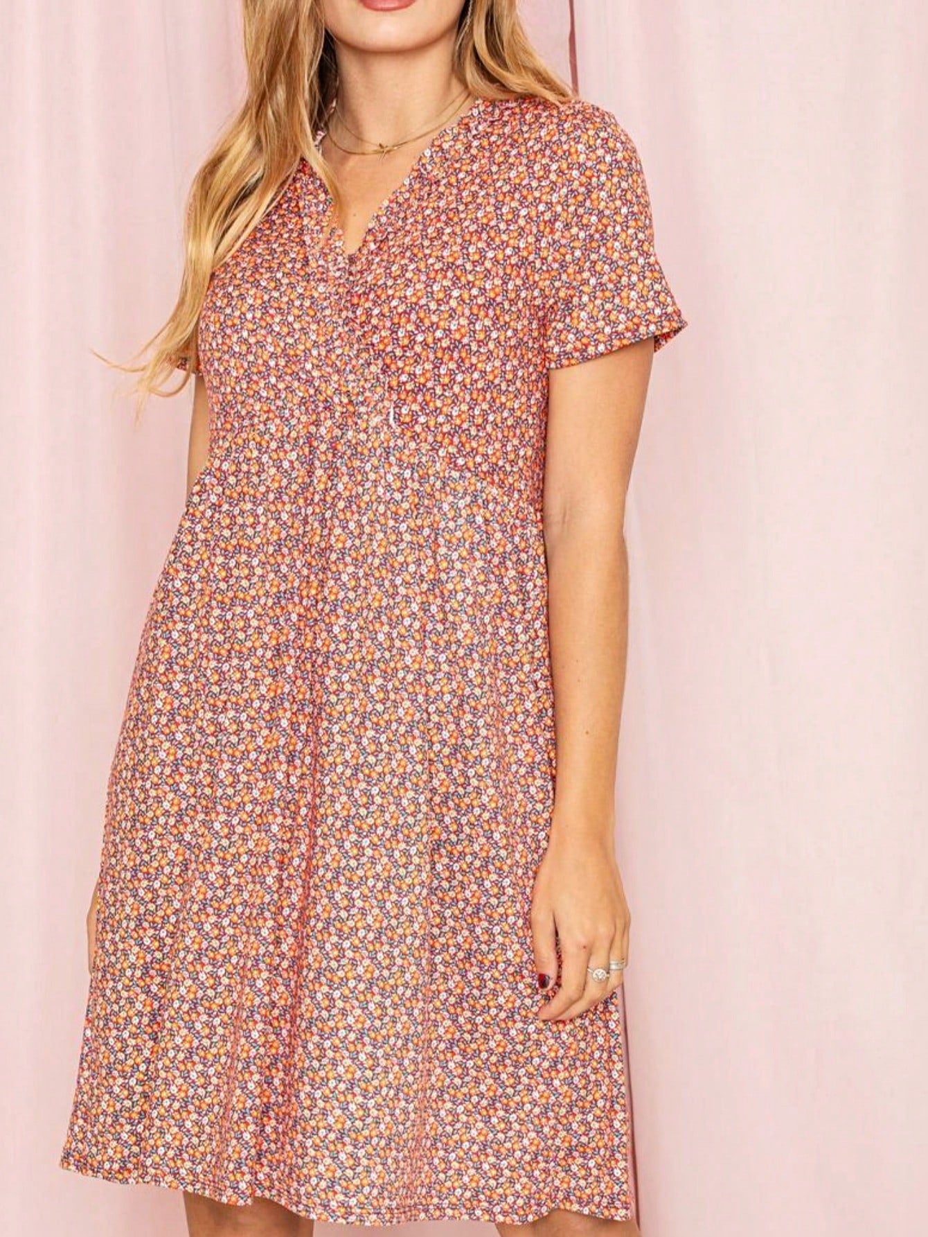 Boho Retro Sage Navy Pink Black Ditsy Floral Surplice Deep V Neck Band Waist Shirring Soft Swing Dress Small To 3 XL Plus