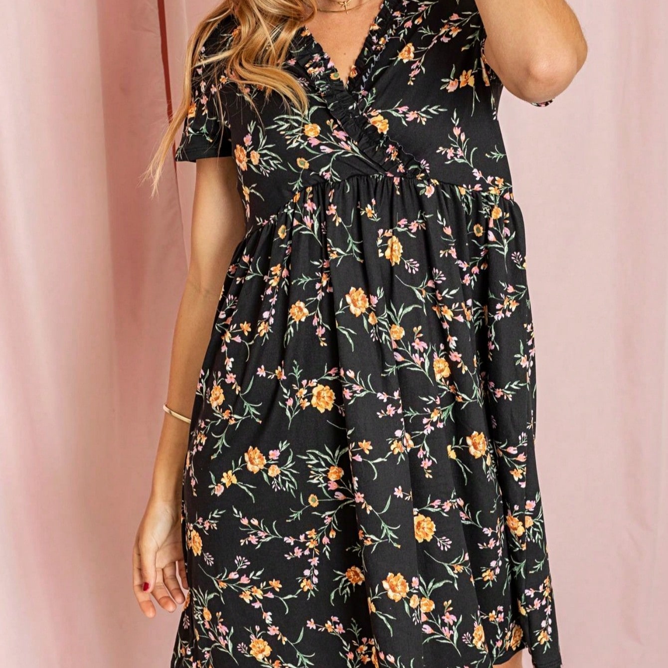 Boho Retro Sage Navy Pink Black Ditsy Floral Surplice Deep V Neck Band Waist Shirring Soft Swing Dress Small To 3 XL Plus