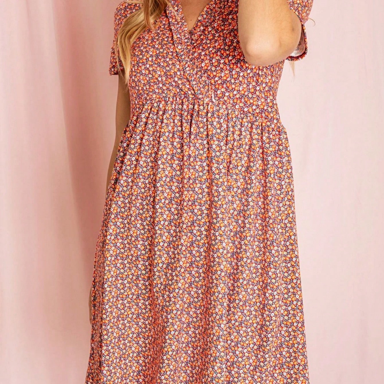 Boho Retro Sage Navy Pink Black Ditsy Floral Surplice Deep V Neck Band Waist Shirring Soft Swing Dress Small To 3 XL Plus