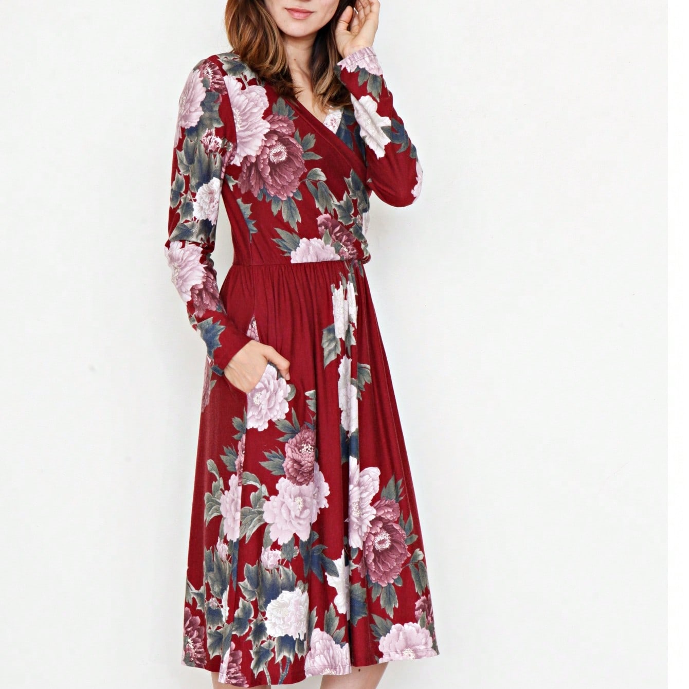 Boho Retro Sage Navy Pink Black Ditsy Floral Surplice Deep V Neck Band Waist Shirring Soft Swing Dress Small To 3 XL Plus