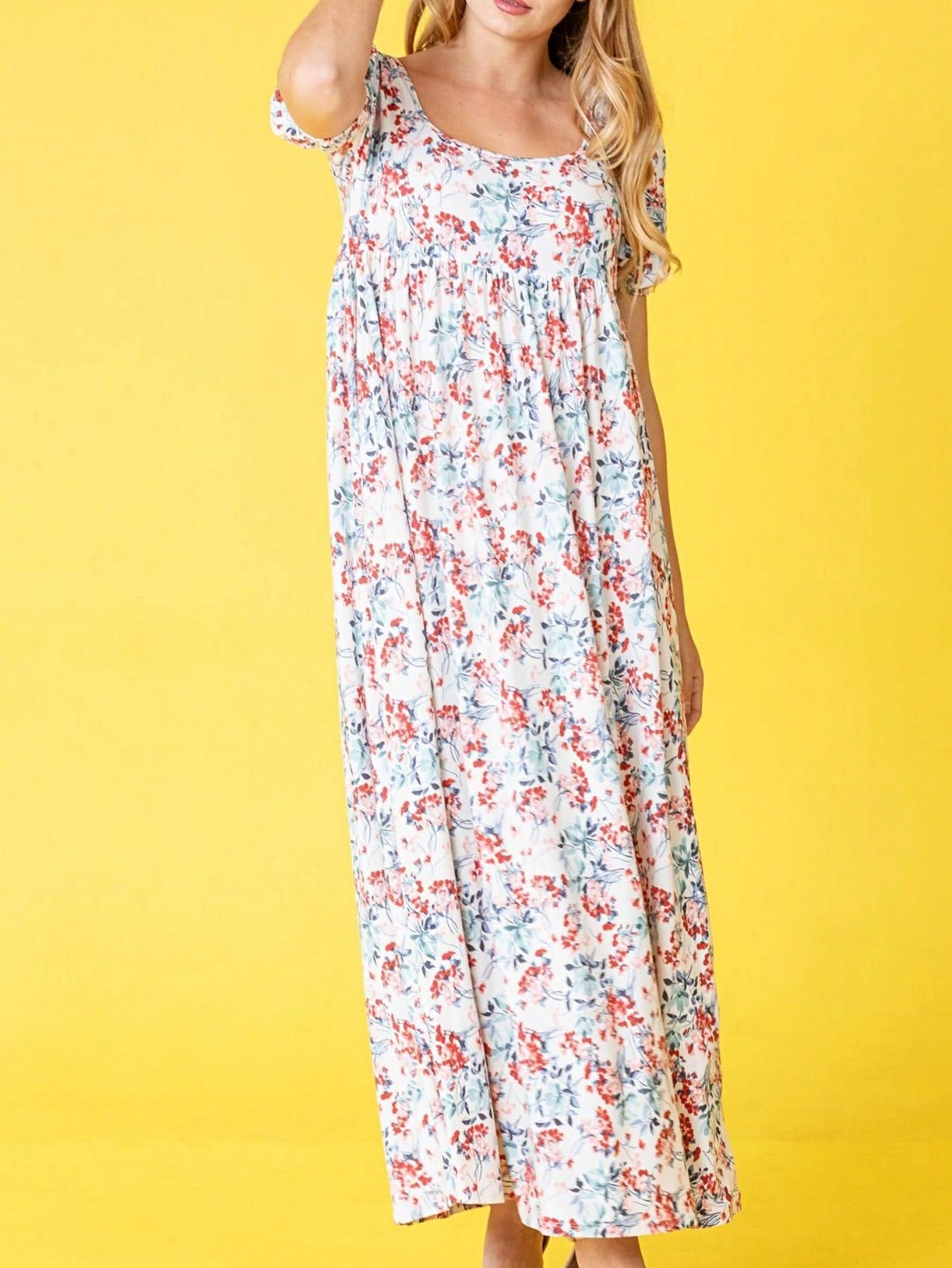 Tiered Tropical Short Sleeve Leaves Floral  Maxi Long Woven Dress