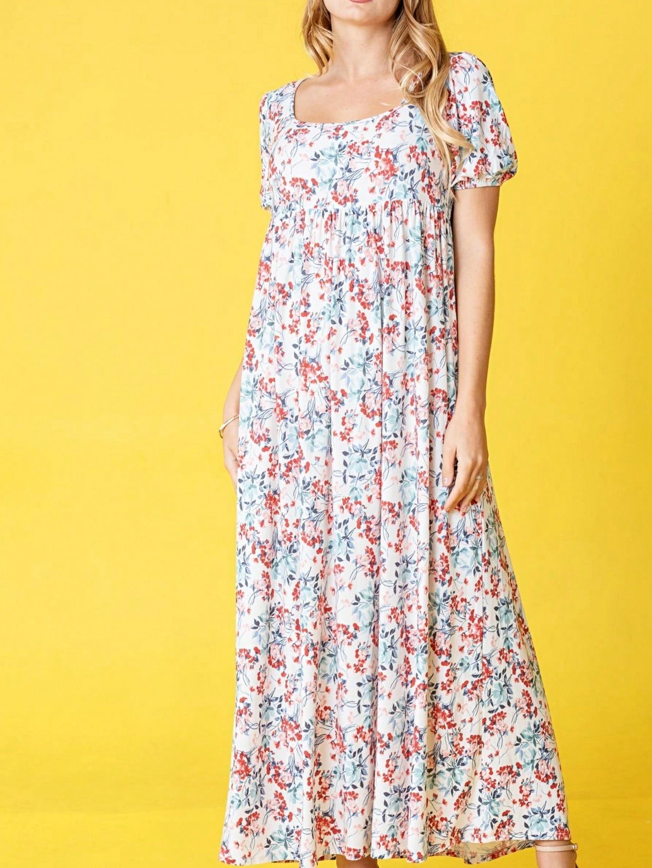 Tiered Tropical Short Sleeve Leaves Floral  Maxi Long Woven Dress