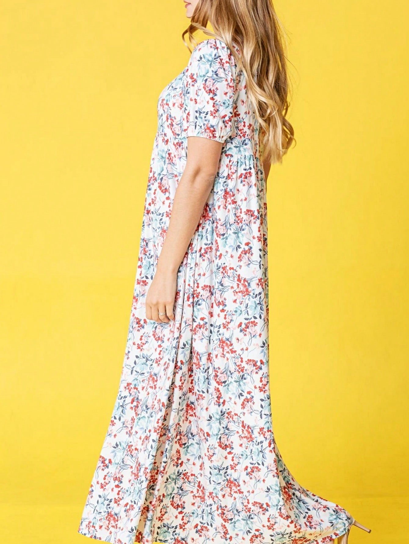 Tiered Tropical Short Sleeve Leaves Floral  Maxi Long Woven Dress