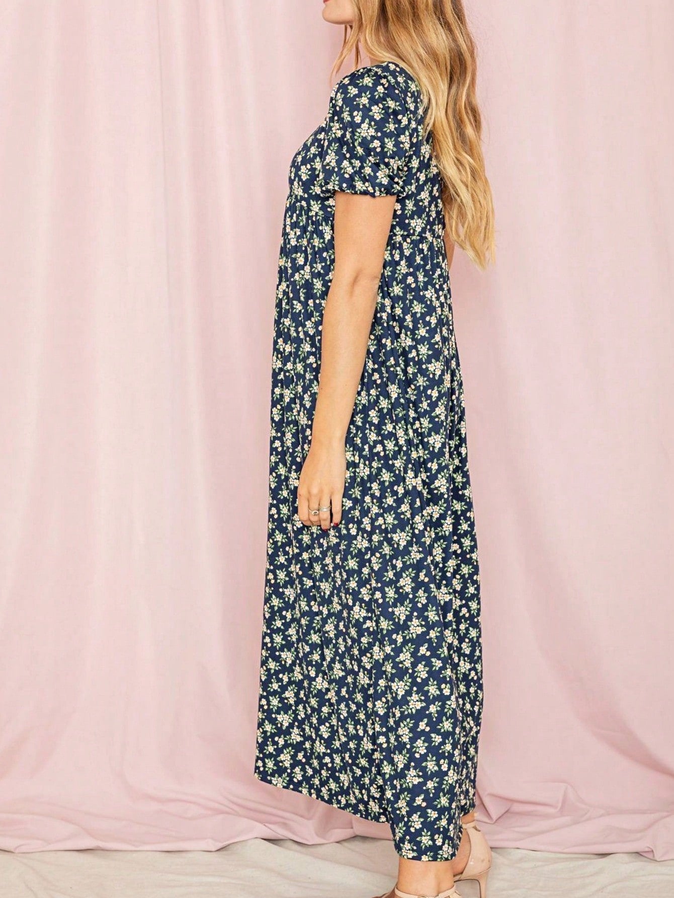 Tiered Tropical Short Sleeve Leaves Floral  Maxi Long Woven Dress