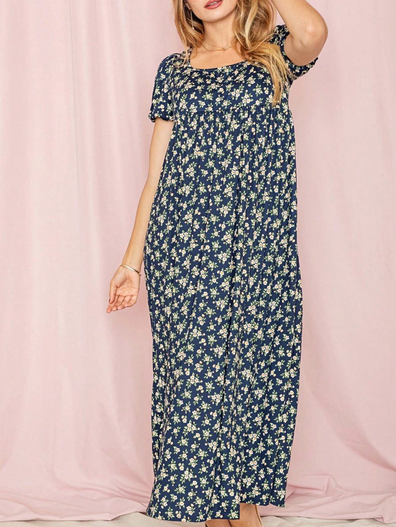 Tiered Tropical Short Sleeve Leaves Floral  Maxi Long Woven Dress