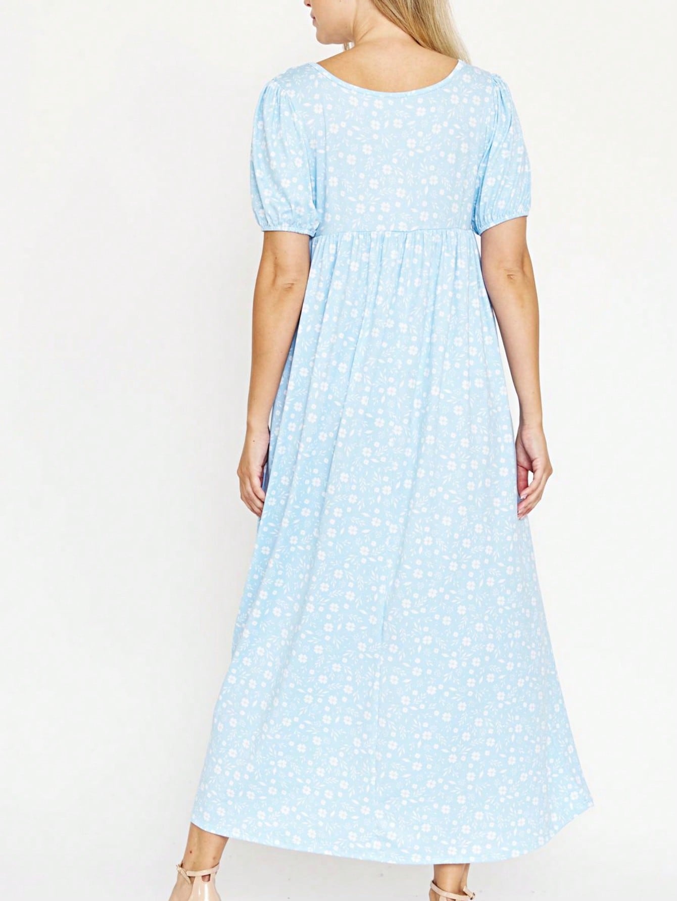 Tiered Tropical Short Sleeve Leaves Floral  Maxi Long Woven Dress