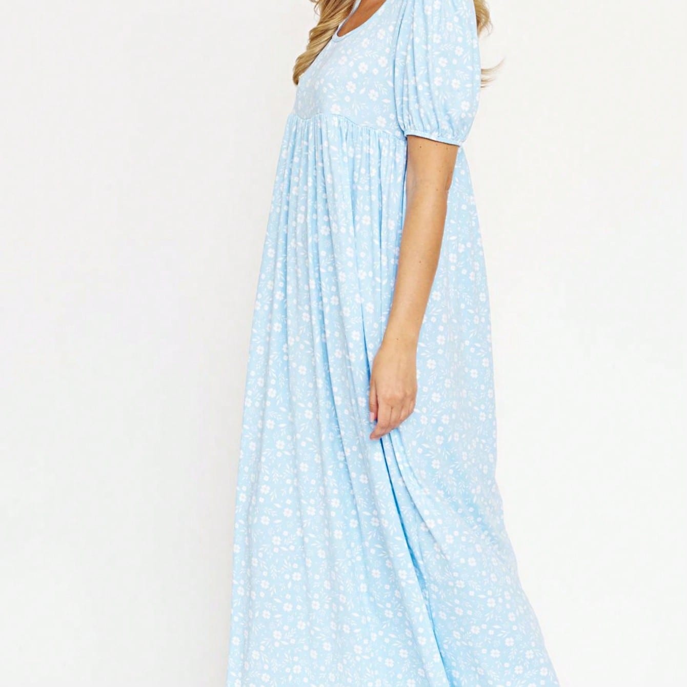 Tiered Tropical Short Sleeve Leaves Floral  Maxi Long Woven Dress