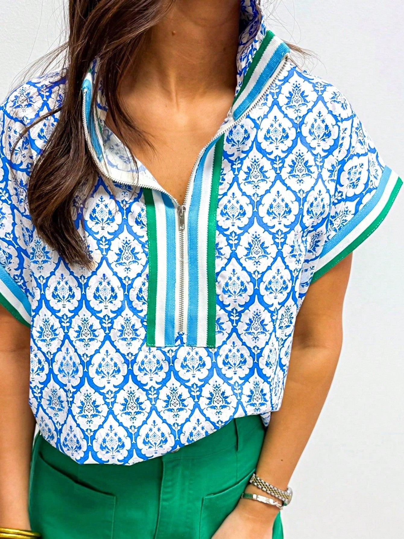 Boho Retro Vintage 60's Vibe Rose Red Floral Pleated Blue Stripe Dolman Bat Wing Ivory Whited Top Shirt Blouse