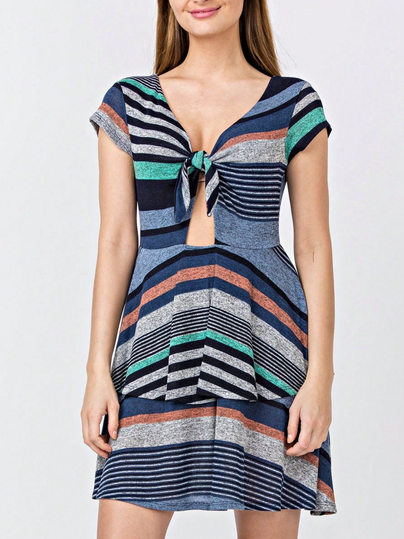 Boho Retro Tiered Front Tie Bow Polka Dot Dress Pink Blue Puff Sleeves