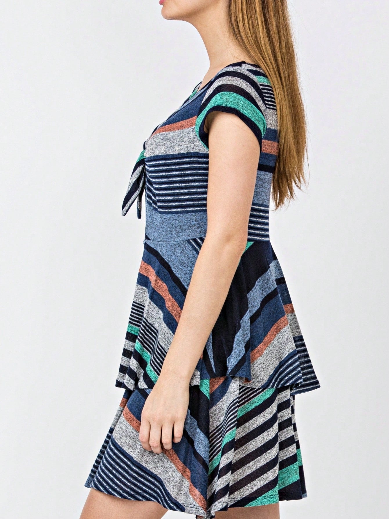 Boho Retro Tiered Front Tie Bow Polka Dot Dress Pink Blue Puff Sleeves