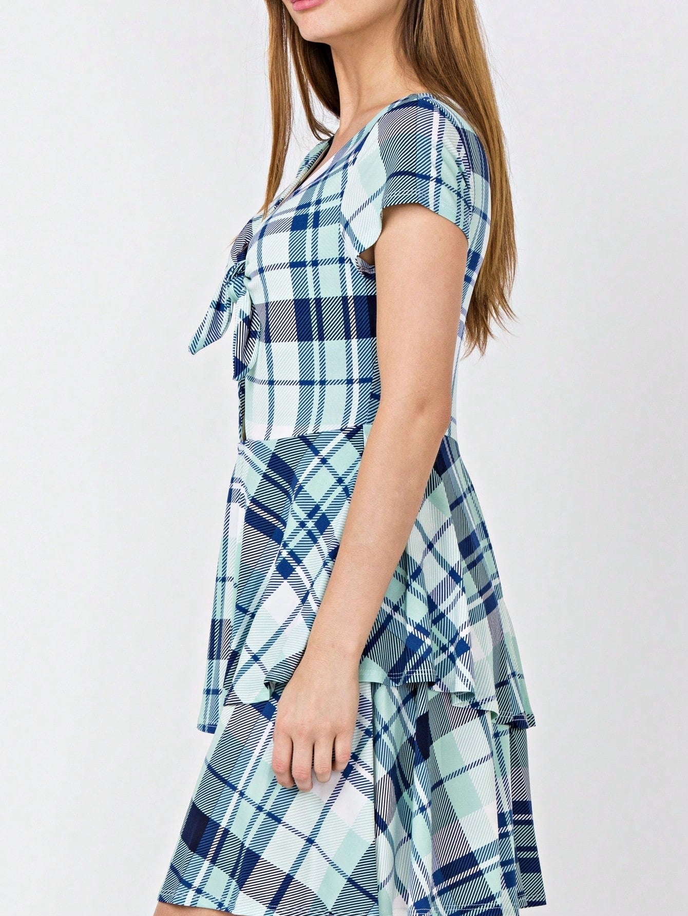Boho Retro Tiered Front Tie Bow Polka Dot Dress Pink Blue Puff Sleeves