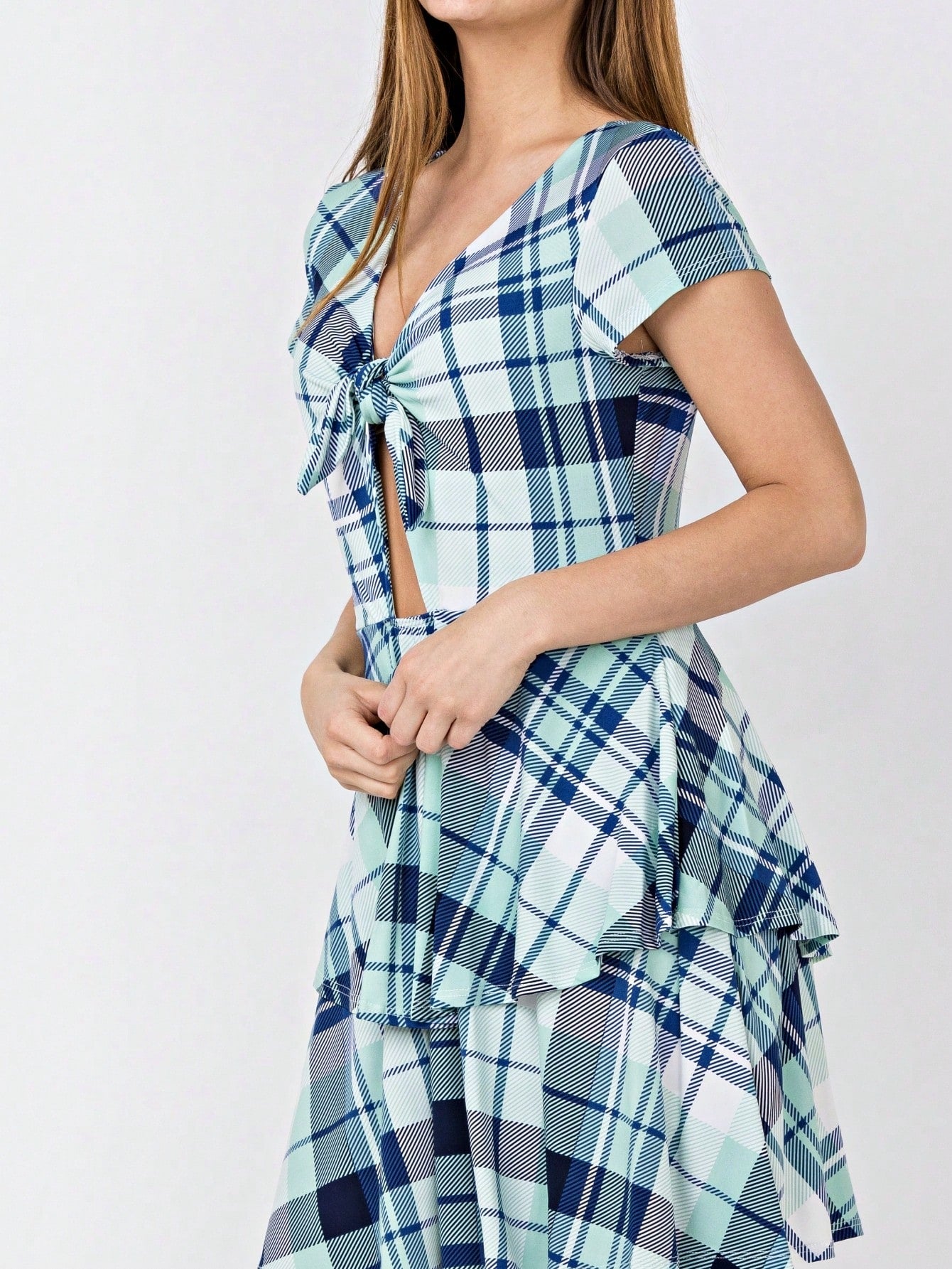 Boho Retro Tiered Front Tie Bow Polka Dot Dress Pink Blue Puff Sleeves