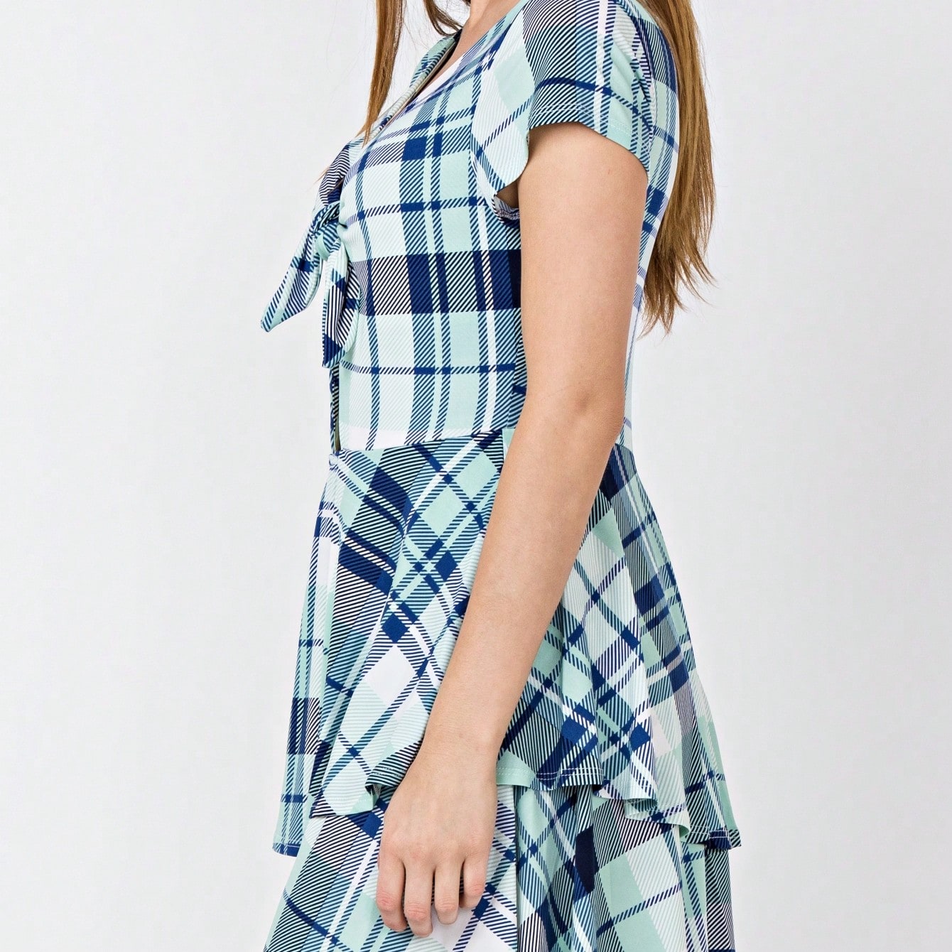 Boho Retro Tiered Front Tie Bow Polka Dot Dress Pink Blue Puff Sleeves
