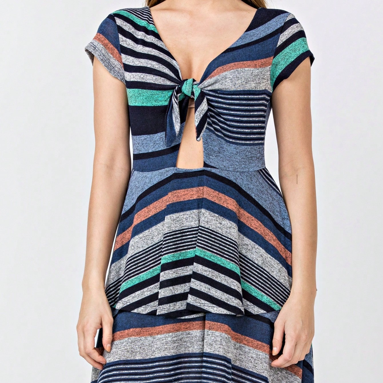 Boho Retro Tiered Front Tie Bow Polka Dot Dress Pink Blue Puff Sleeves
