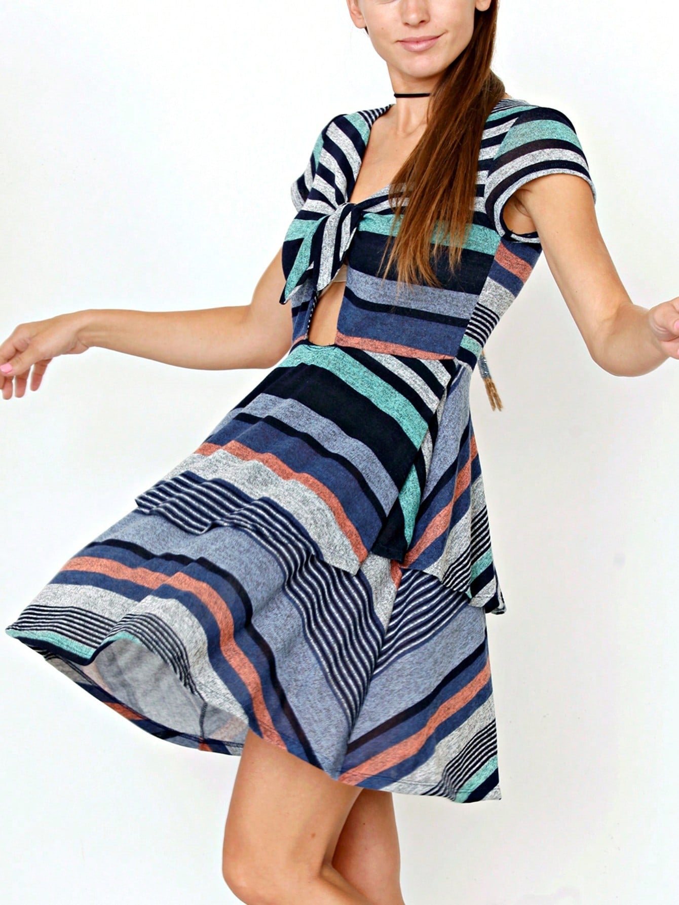 Boho Retro Tiered Front Tie Bow Polka Dot Dress Pink Blue Puff Sleeves