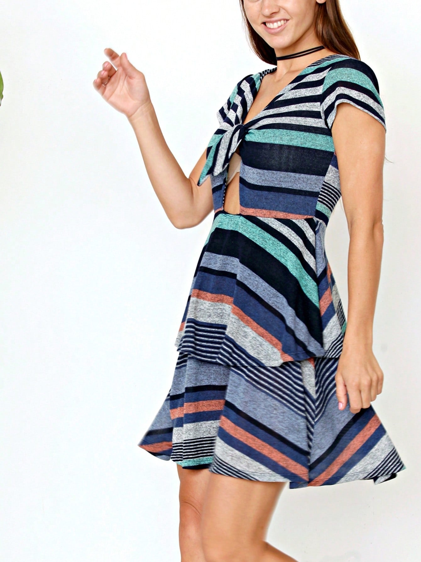 Boho Retro Tiered Front Tie Bow Polka Dot Dress Pink Blue Puff Sleeves