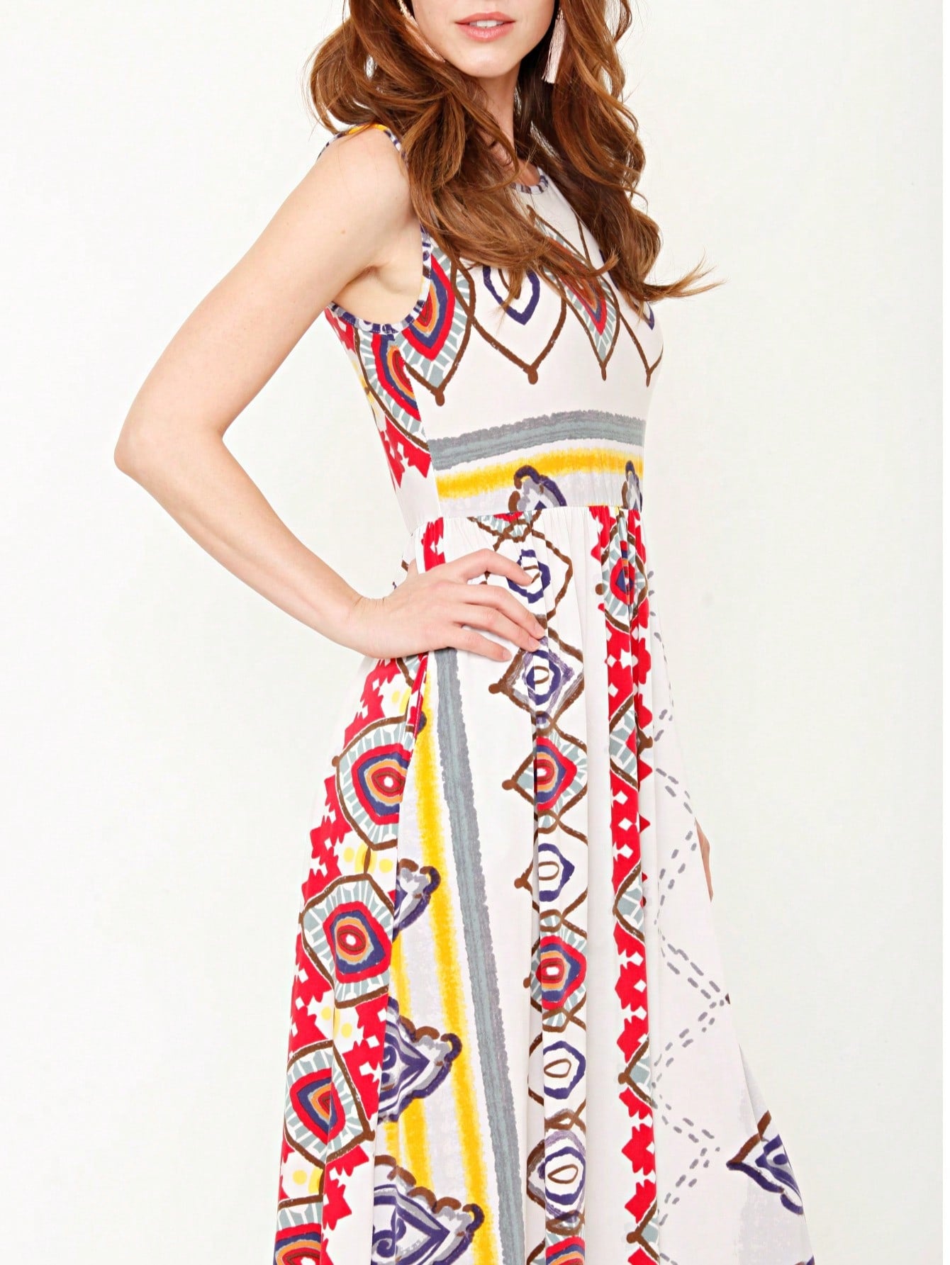 Boho Retro Polka Dot Rayon Mix Casual  Maxi Dress With Folded Cap Sleeve Side Pockets Versatile Summer Dress For Women