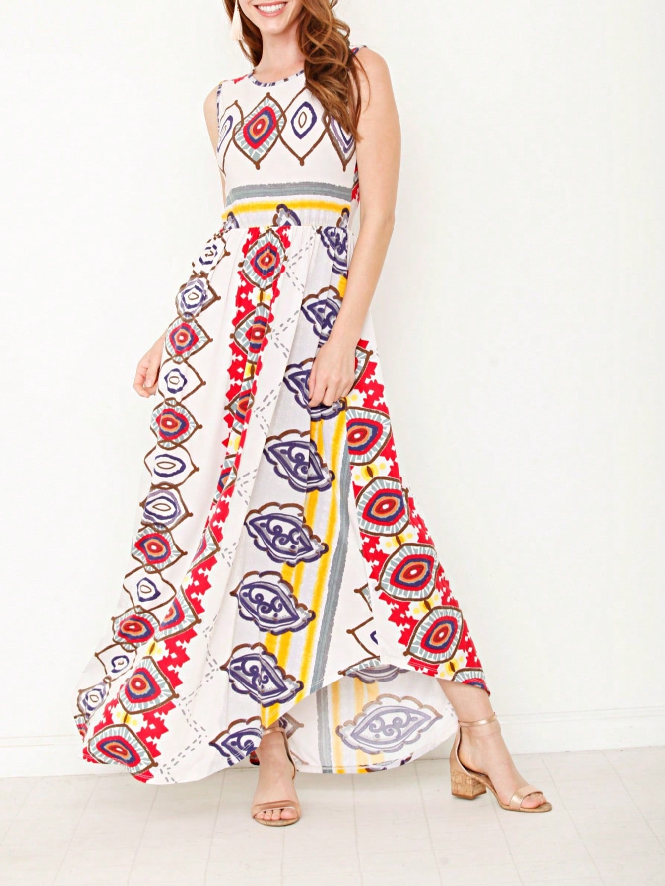 Boho Retro Polka Dot Rayon Mix Casual  Maxi Dress With Folded Cap Sleeve Side Pockets Versatile Summer Dress For Women