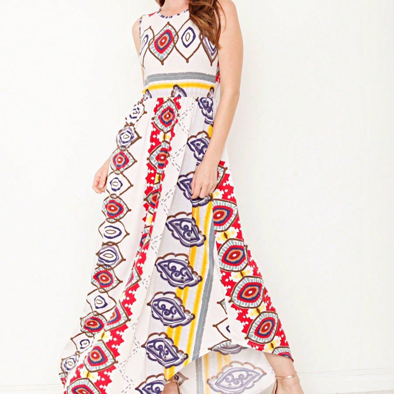 Boho Retro Polka Dot Rayon Mix Casual  Maxi Dress With Folded Cap Sleeve Side Pockets Versatile Summer Dress For Women