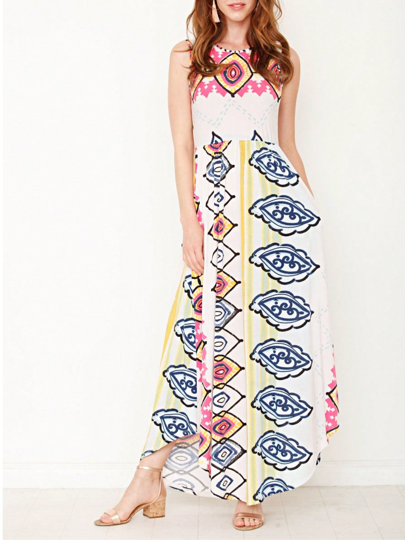 Boho Retro Polka Dot Rayon Mix Casual  Maxi Dress With Folded Cap Sleeve Side Pockets Versatile Summer Dress For Women