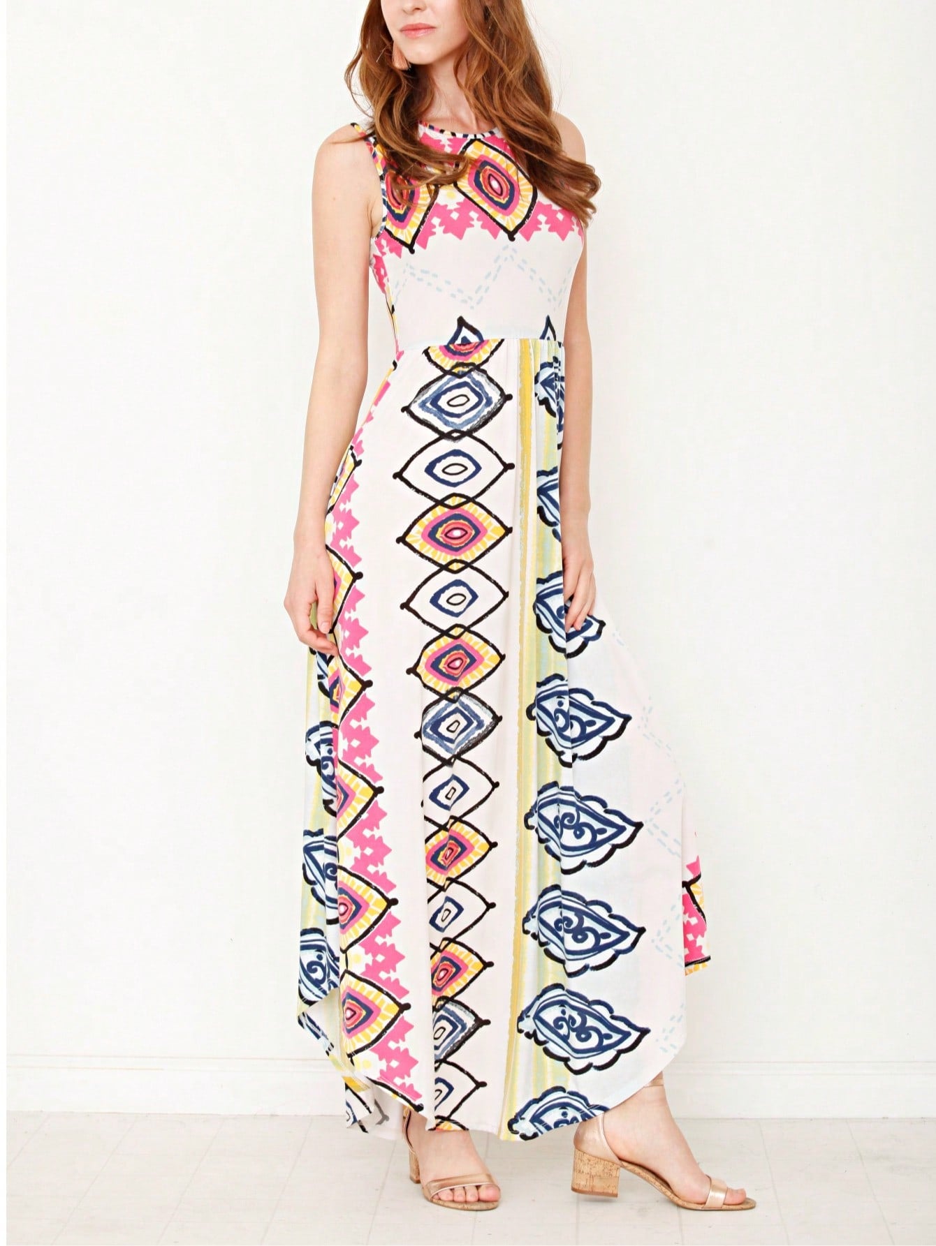 Boho Retro Polka Dot Rayon Mix Casual  Maxi Dress With Folded Cap Sleeve Side Pockets Versatile Summer Dress For Women