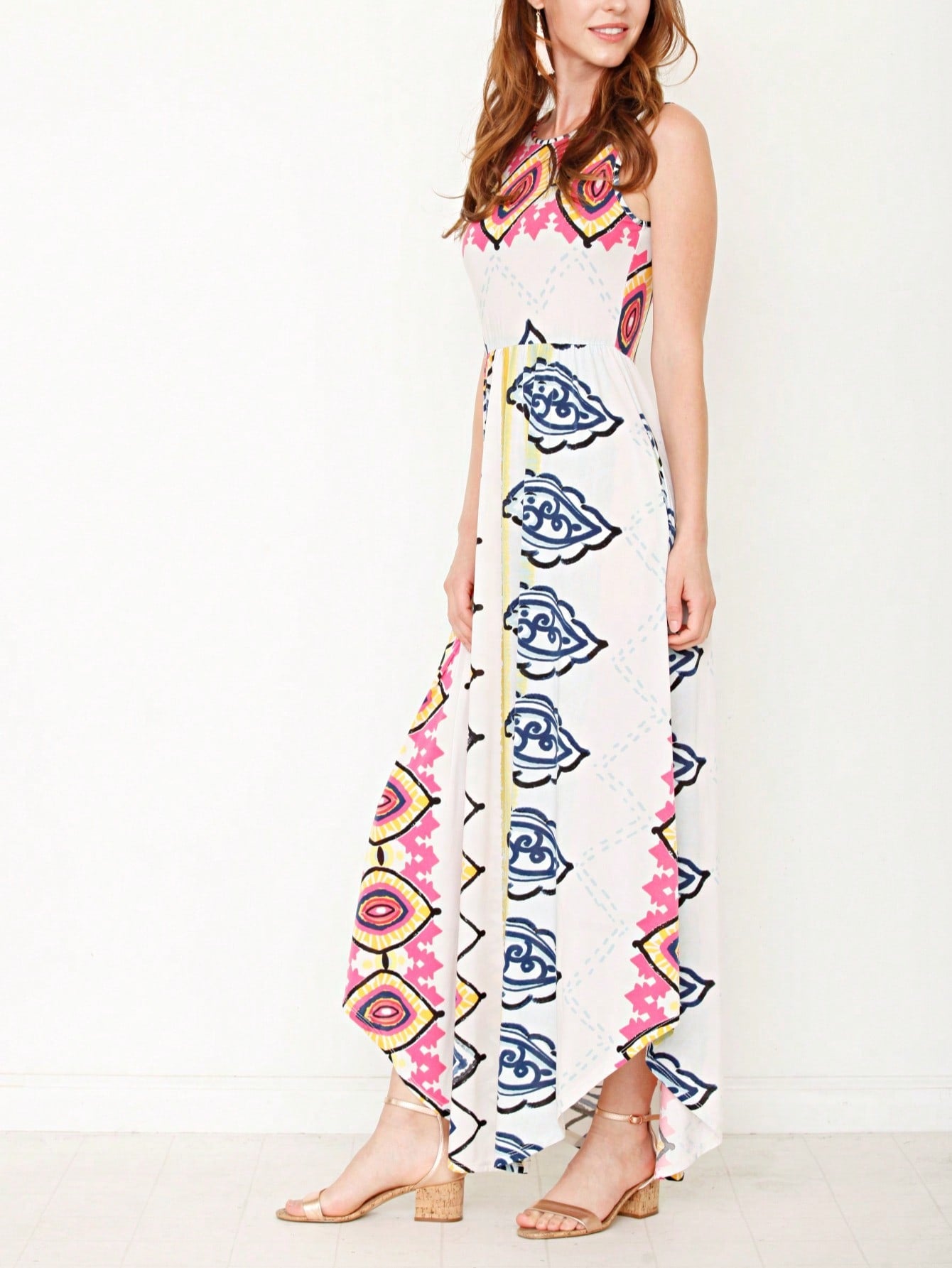Boho Retro Polka Dot Rayon Mix Casual  Maxi Dress With Folded Cap Sleeve Side Pockets Versatile Summer Dress For Women