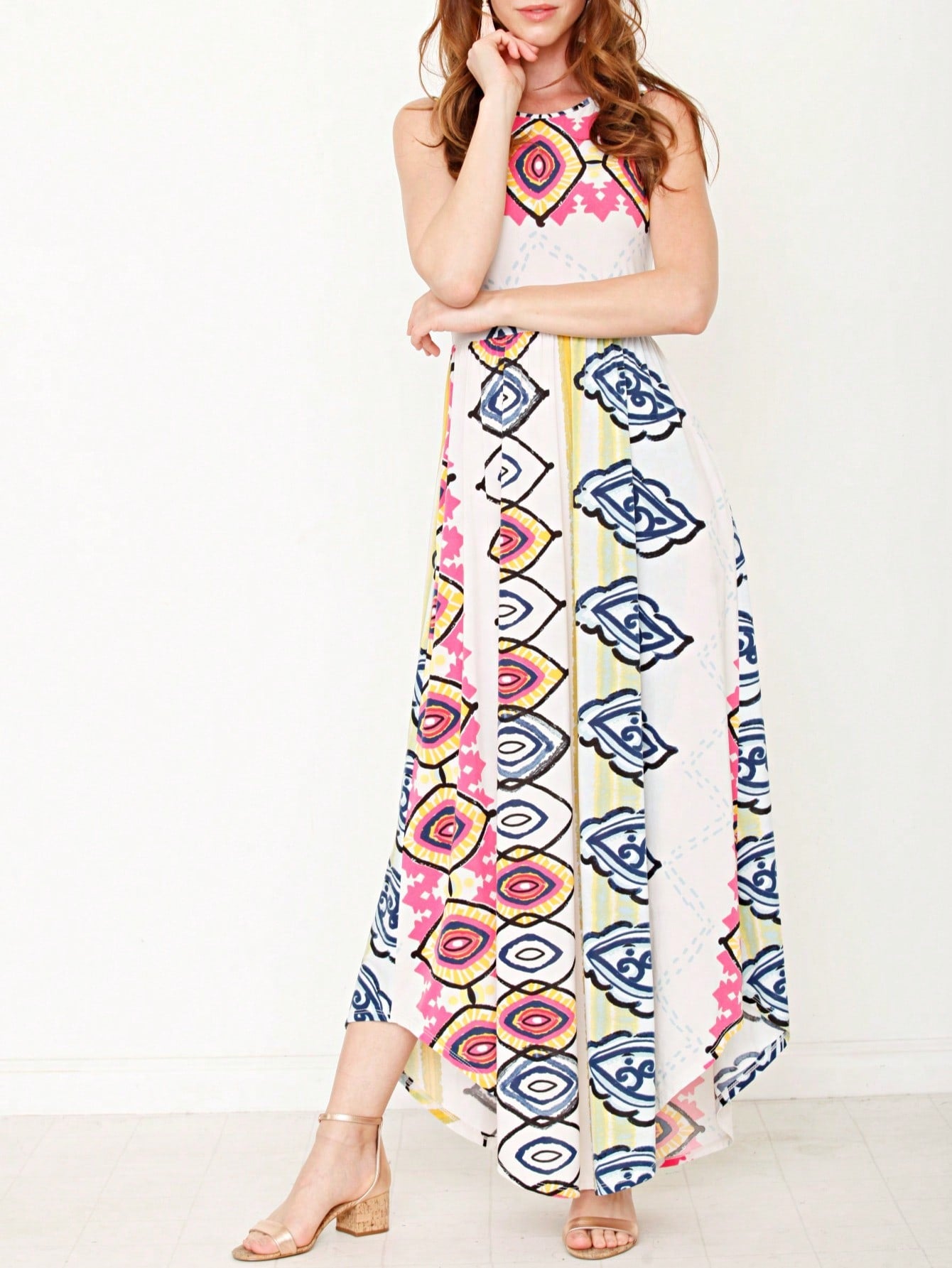Boho Retro Polka Dot Rayon Mix Casual  Maxi Dress With Folded Cap Sleeve Side Pockets Versatile Summer Dress For Women