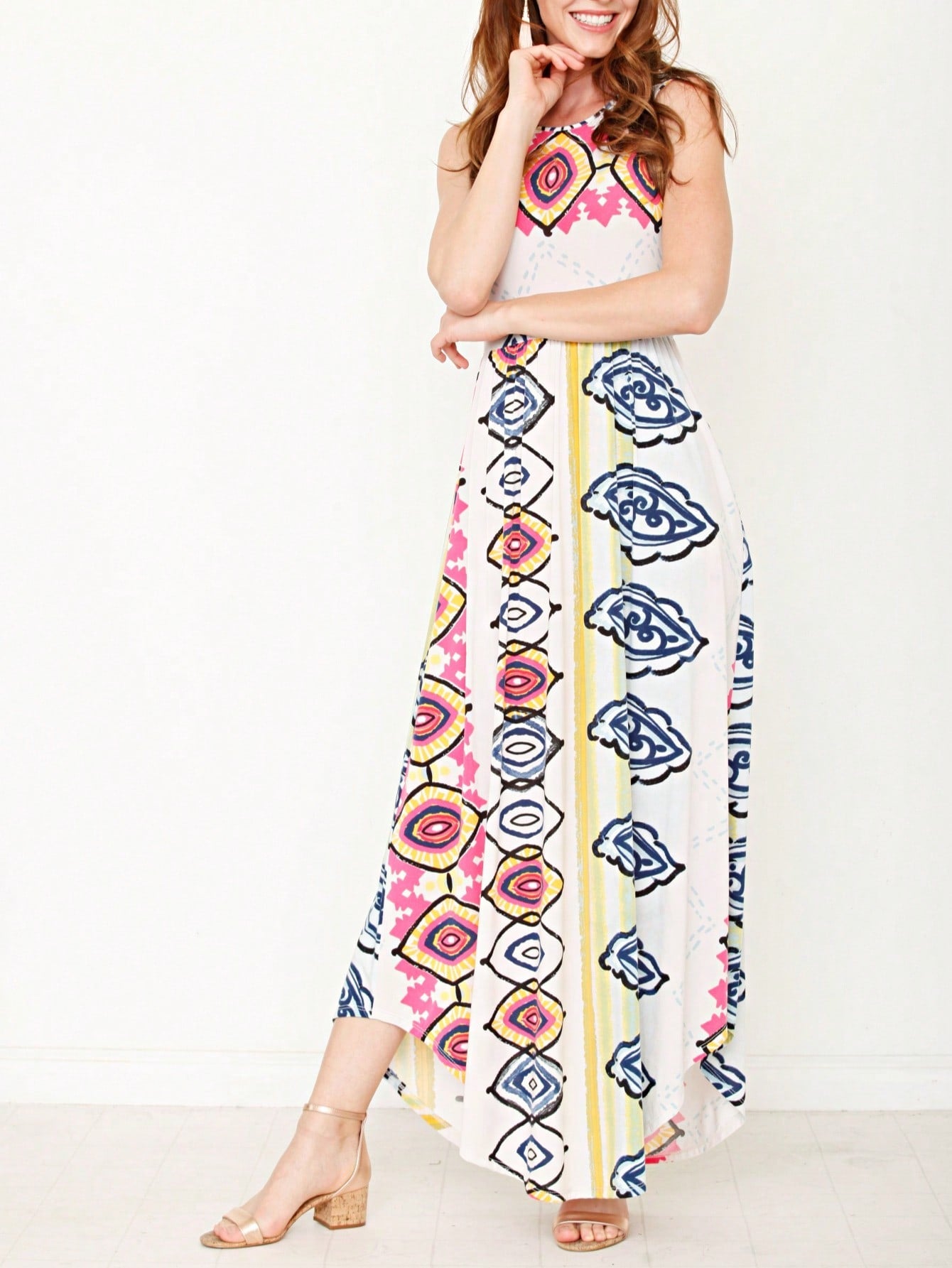 Boho Retro Polka Dot Rayon Mix Casual  Maxi Dress With Folded Cap Sleeve Side Pockets Versatile Summer Dress For Women
