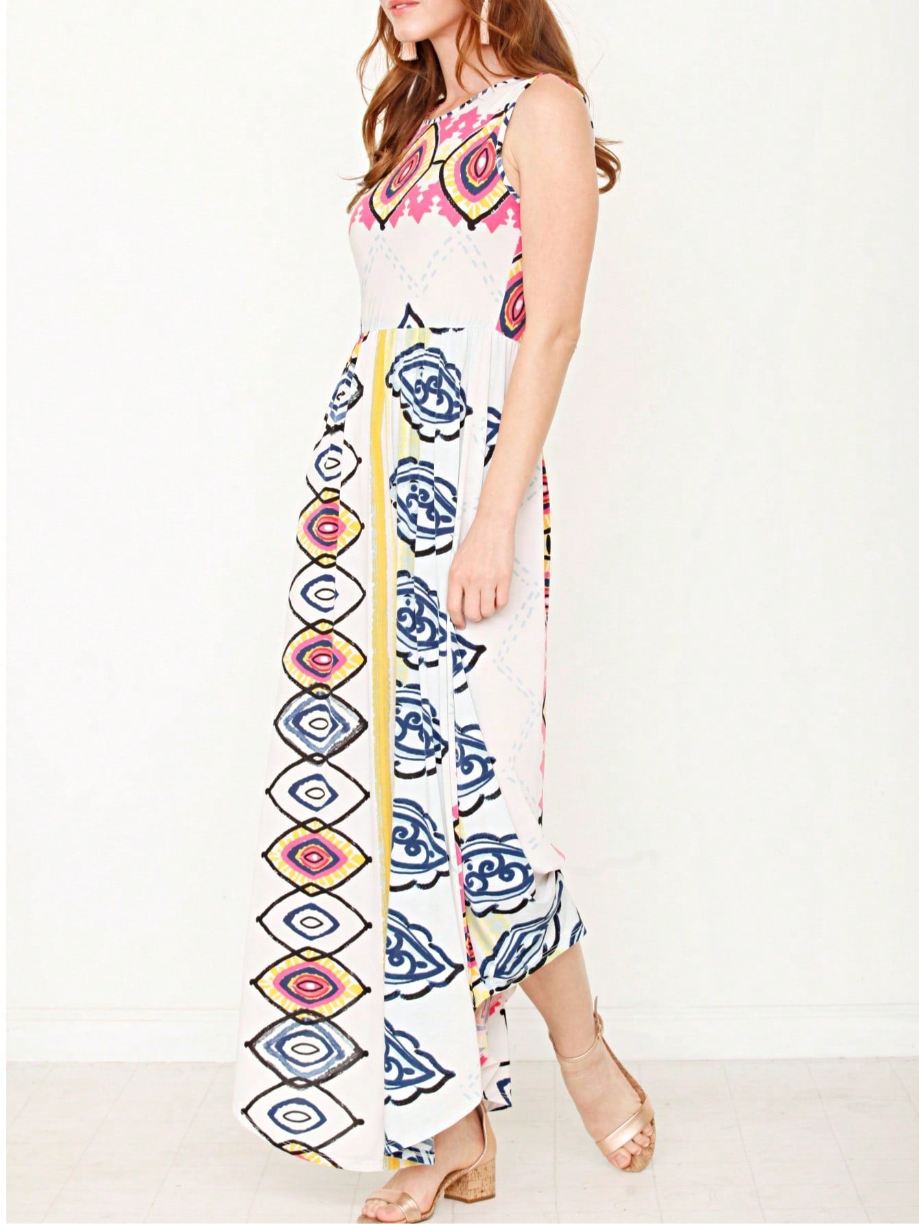 Boho Retro Polka Dot Rayon Mix Casual  Maxi Dress With Folded Cap Sleeve Side Pockets Versatile Summer Dress For Women