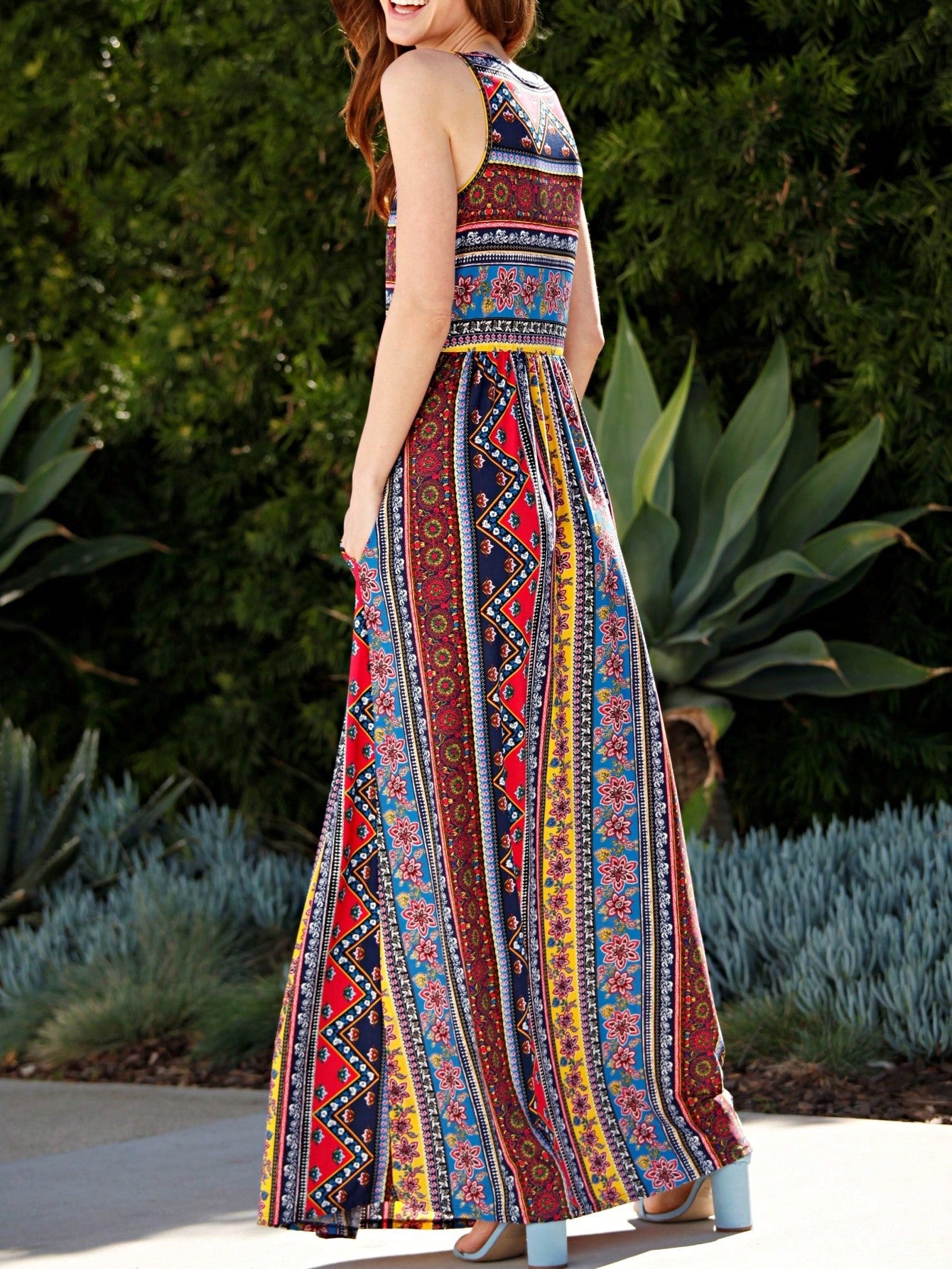 Boho Retro Polka Dot Rayon Mix Casual  Maxi Dress With Folded Cap Sleeve Side Pockets Versatile Summer Dress For Women