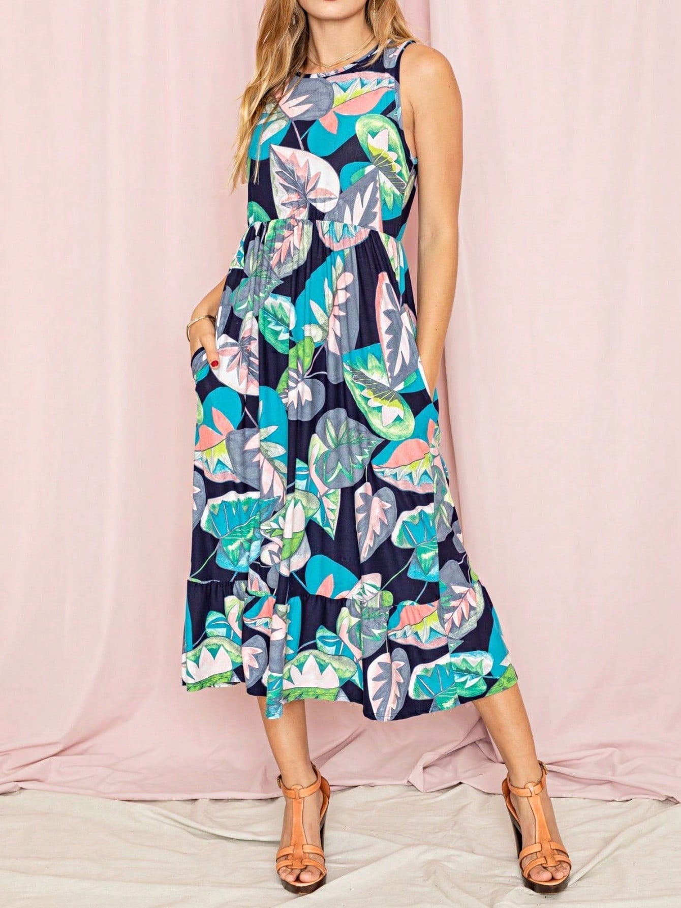Vintage Boho Summer Fall Pink Teal Polka Dot Stripe Shift Swing Tiered Sleeveless Southern Midi Dress | Small-3 XL Plus