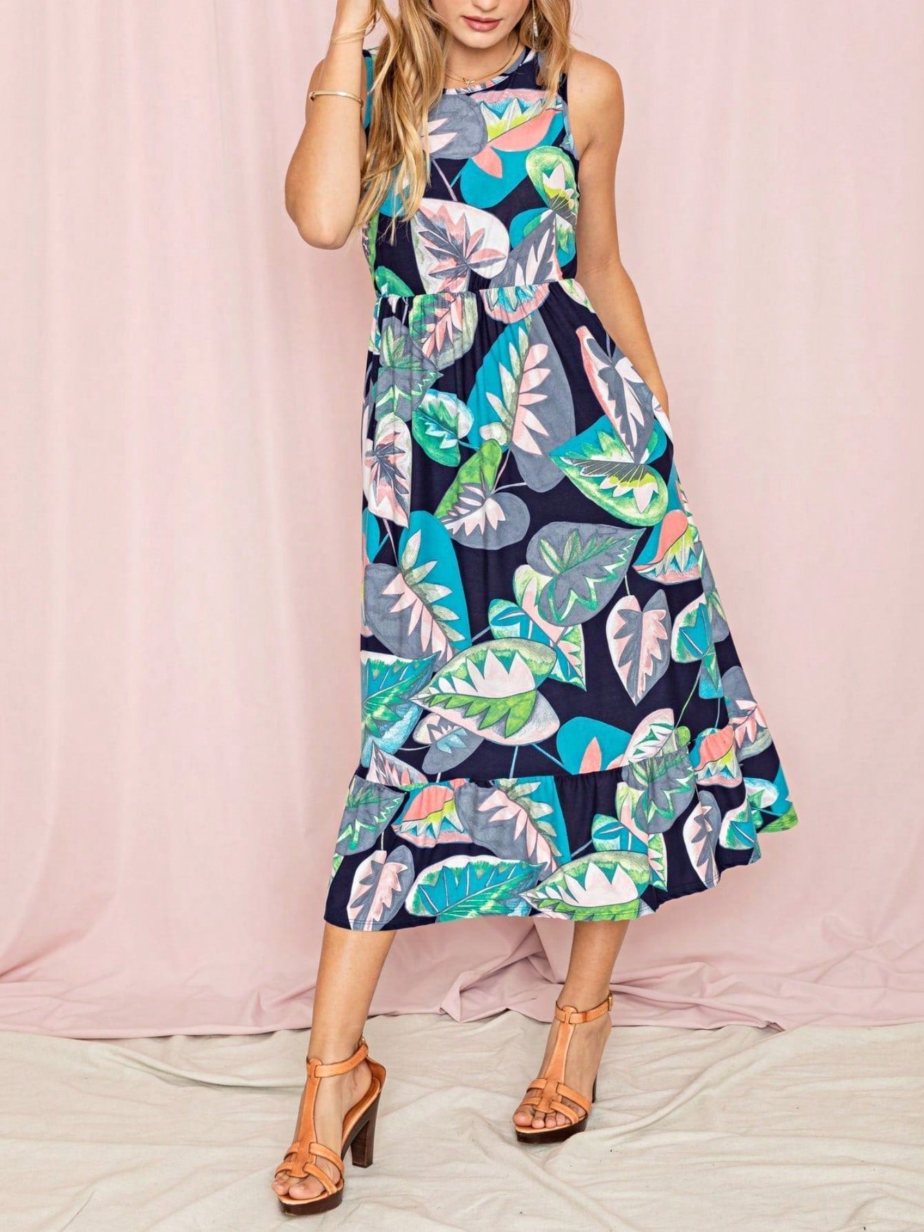Vintage Boho Summer Fall Pink Teal Polka Dot Stripe Shift Swing Tiered Sleeveless Southern Midi Dress | Small-3 XL Plus