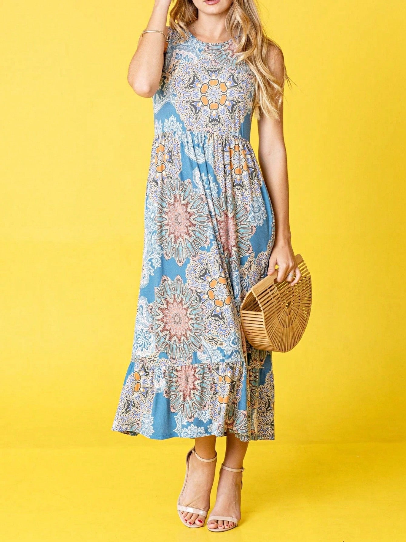 Vintage Boho Summer Fall Pink Teal Polka Dot Stripe Shift Swing Tiered Sleeveless Southern Midi Dress | Small-3 XL Plus