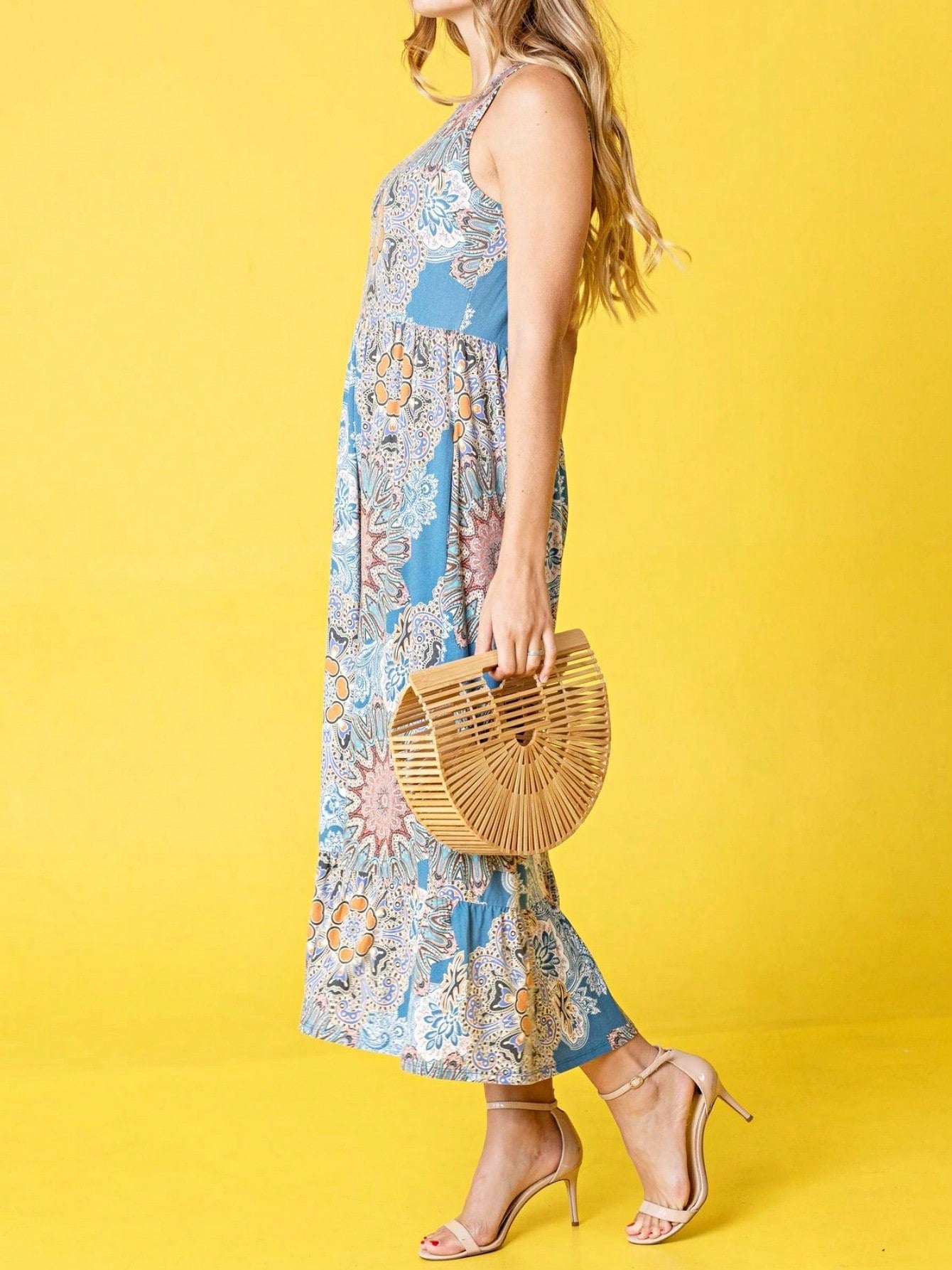 Vintage Boho Summer Fall Pink Teal Polka Dot Stripe Shift Swing Tiered Sleeveless Southern Midi Dress | Small-3 XL Plus