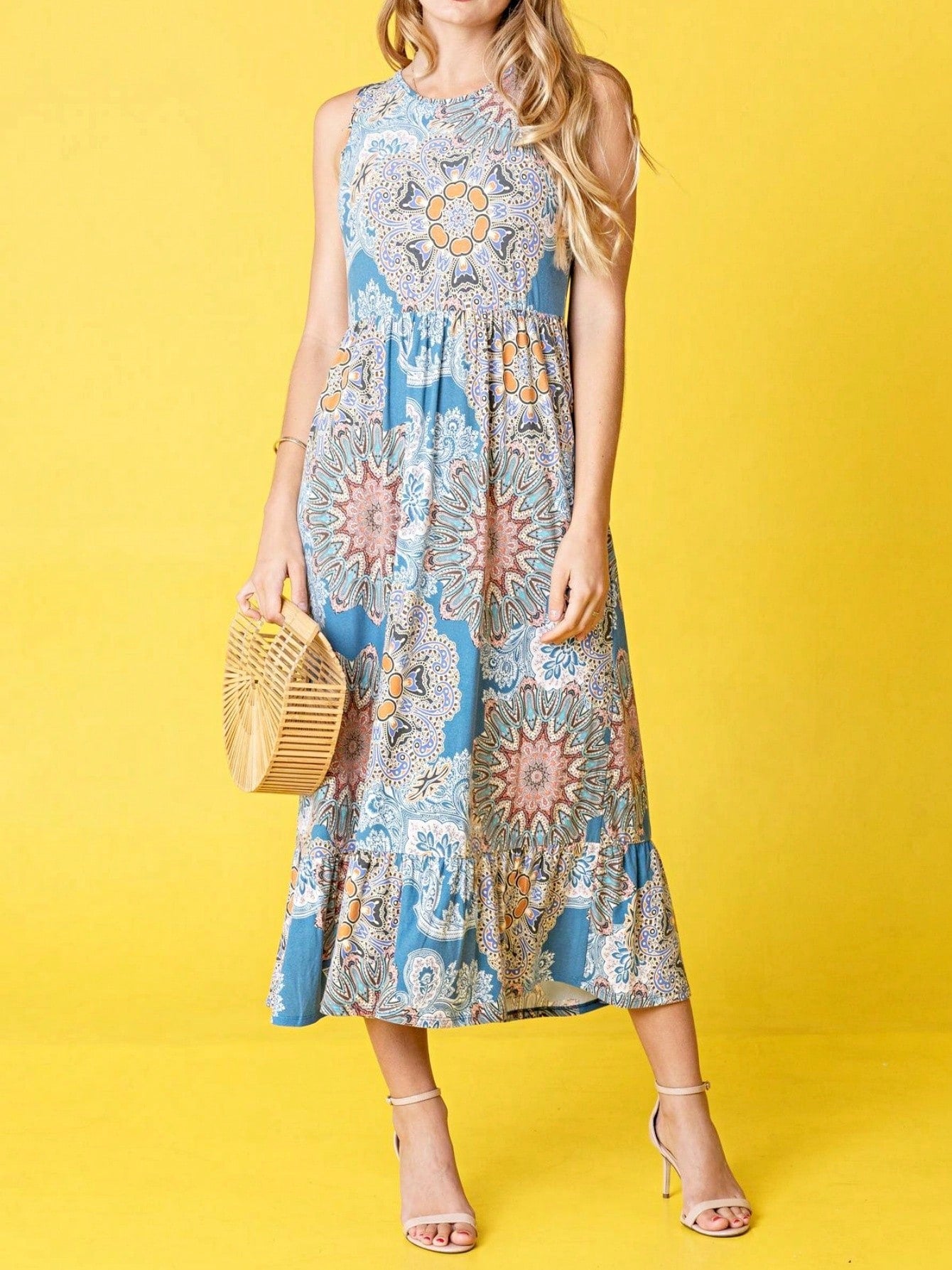 Vintage Boho Summer Fall Pink Teal Polka Dot Stripe Shift Swing Tiered Sleeveless Southern Midi Dress | Small-3 XL Plus