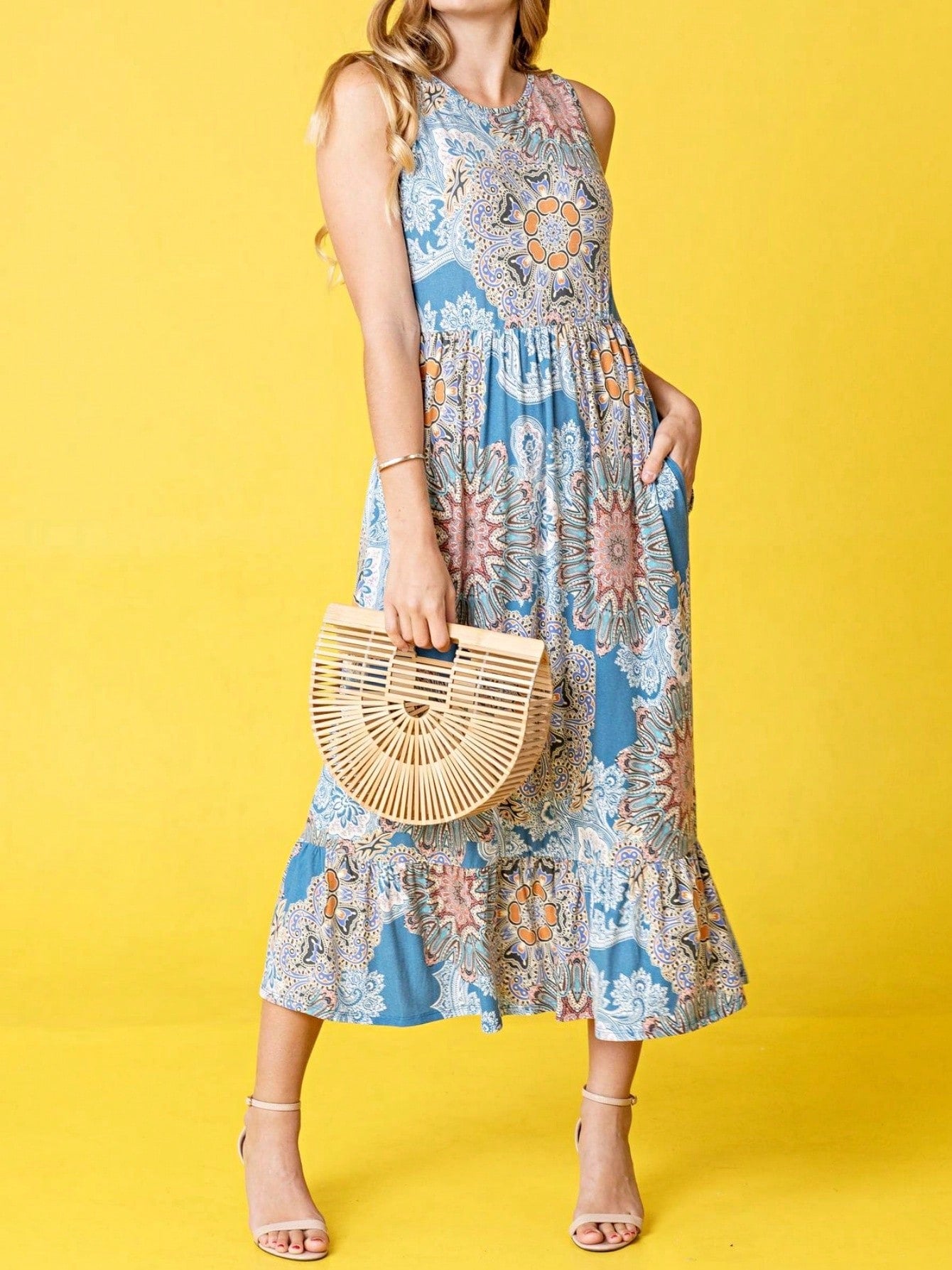 Vintage Boho Summer Fall Pink Teal Polka Dot Stripe Shift Swing Tiered Sleeveless Southern Midi Dress | Small-3 XL Plus