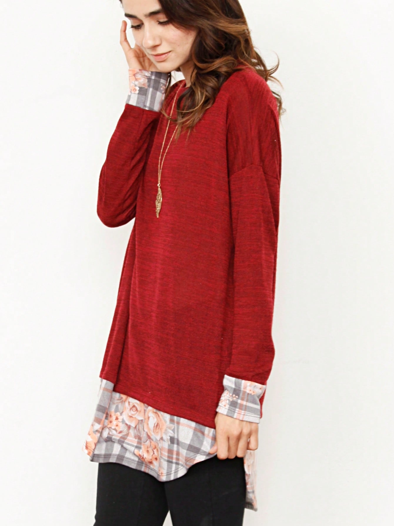 Boho Layered Floral Medallion plaid Crew Neck Cute, Small To Plus Extended Size